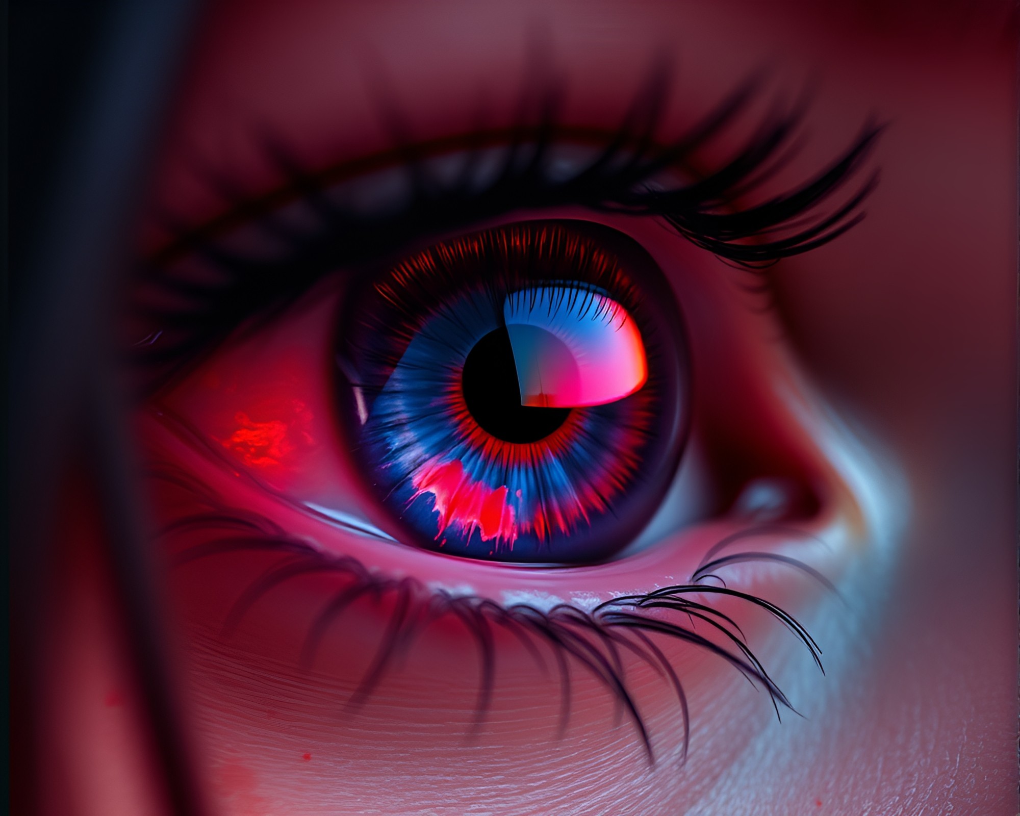 Futuristic Smart Contact Lens Duotone Red-Blue Ink Wash – free AI stock image