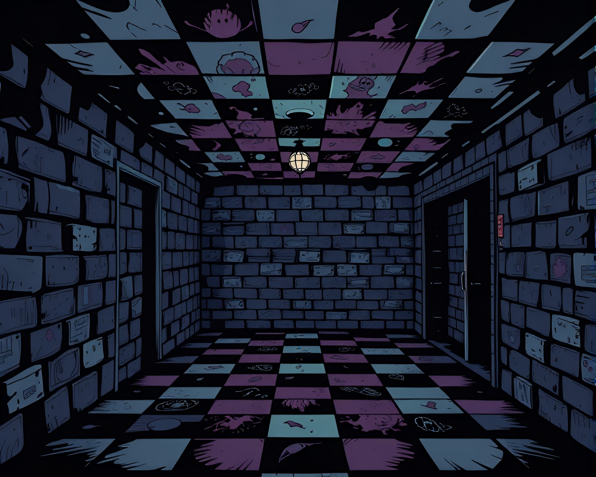Crimson Abyss: Otherworldly Checkered Patterns in Basement – free AI stock image