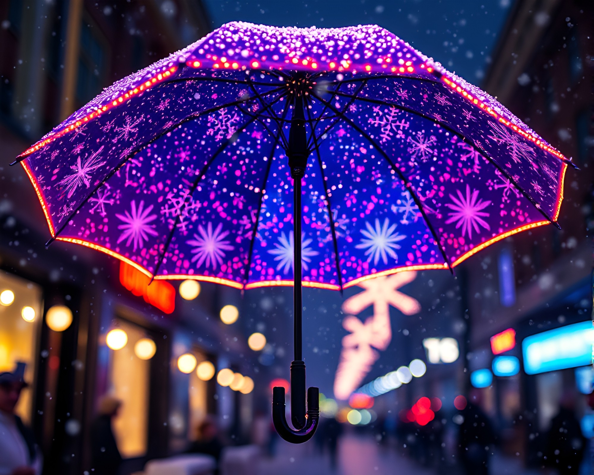 Neon-lit Umbrella in Holographic Cubist Snowfall – free AI stock image