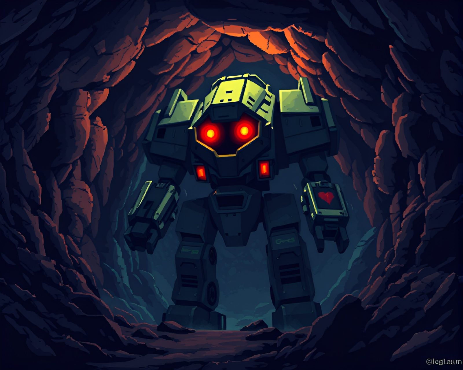 Fluorescent-lit robot emerging from dark pixelated cavern entrance