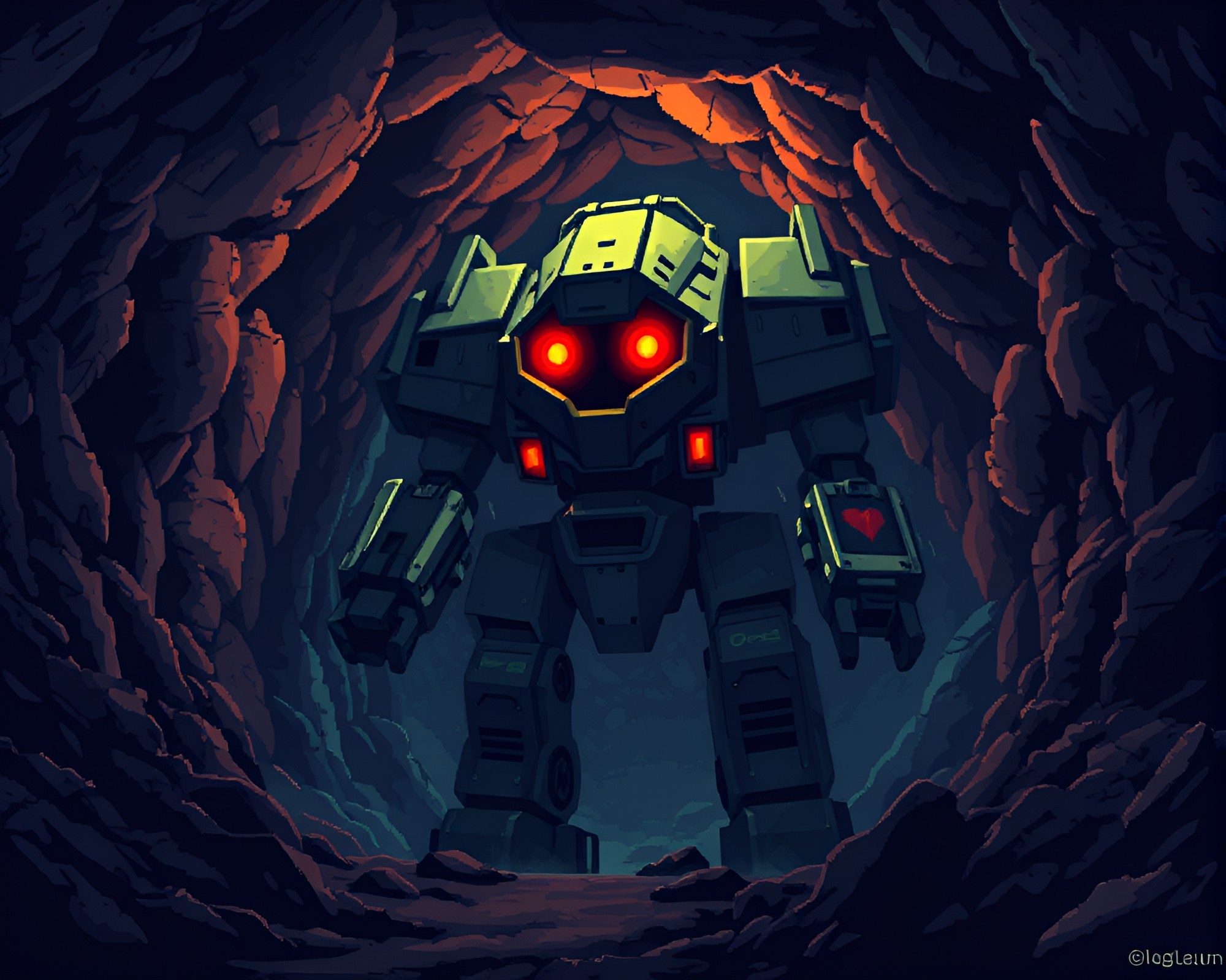 Neon-lit battle mech at cave entrance pixelated scene – free AI stock image