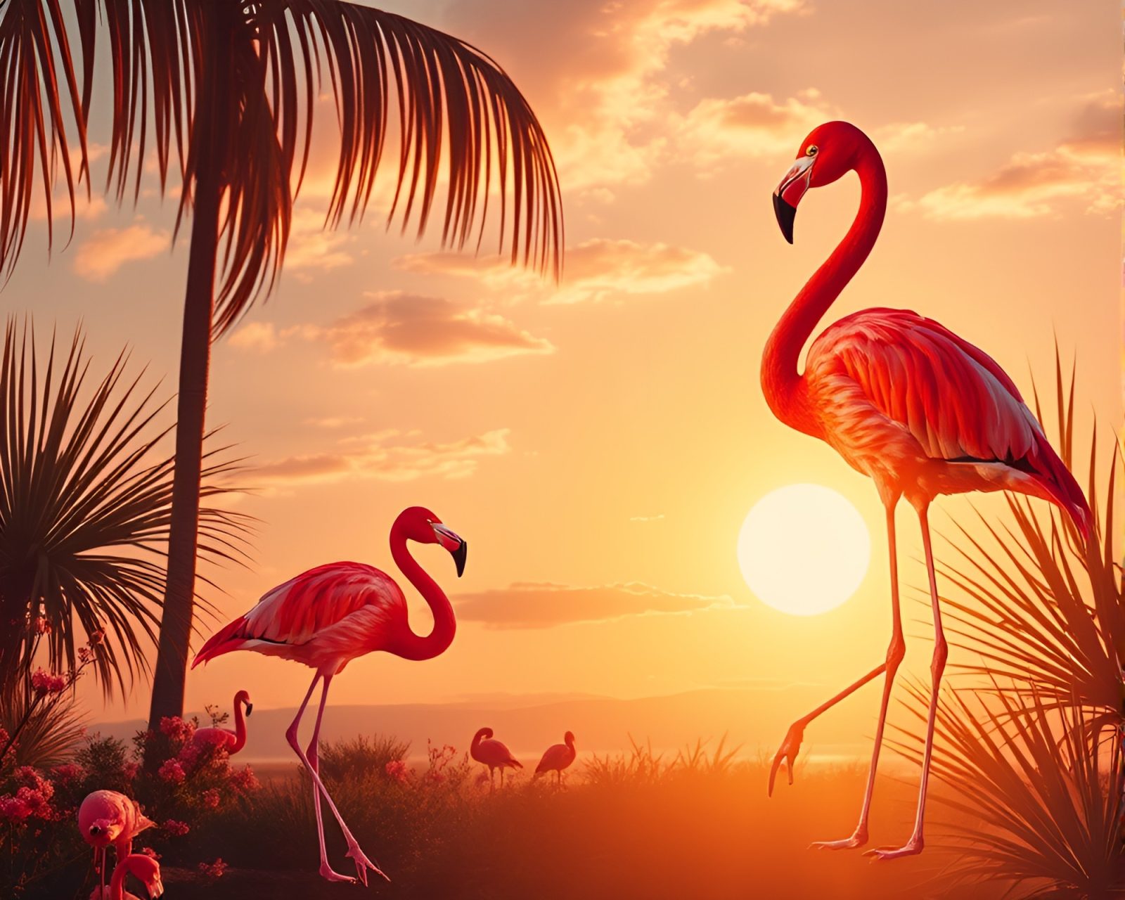 Vibrant photocollage of flamingos in bright hues under warm sunlight