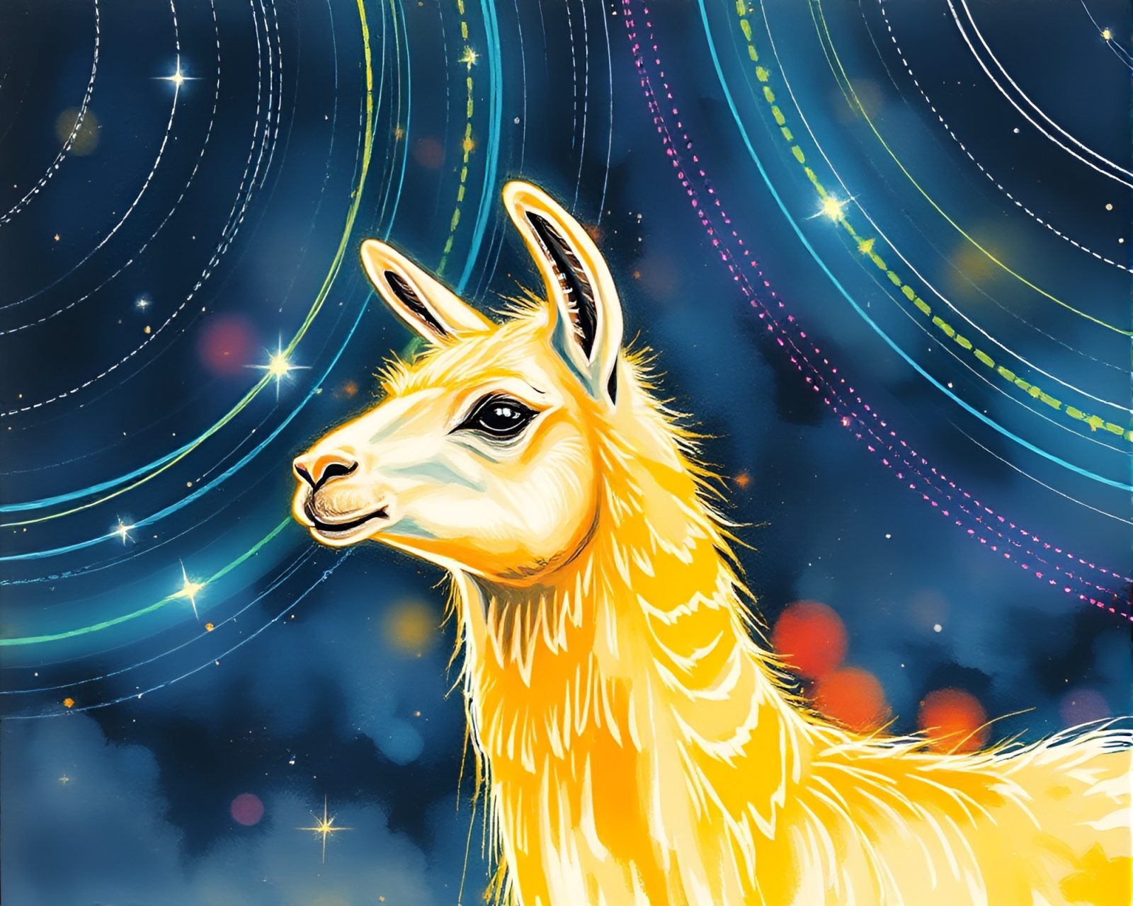 Vibrant neon star trails highlighting a Llama in sumi-e style