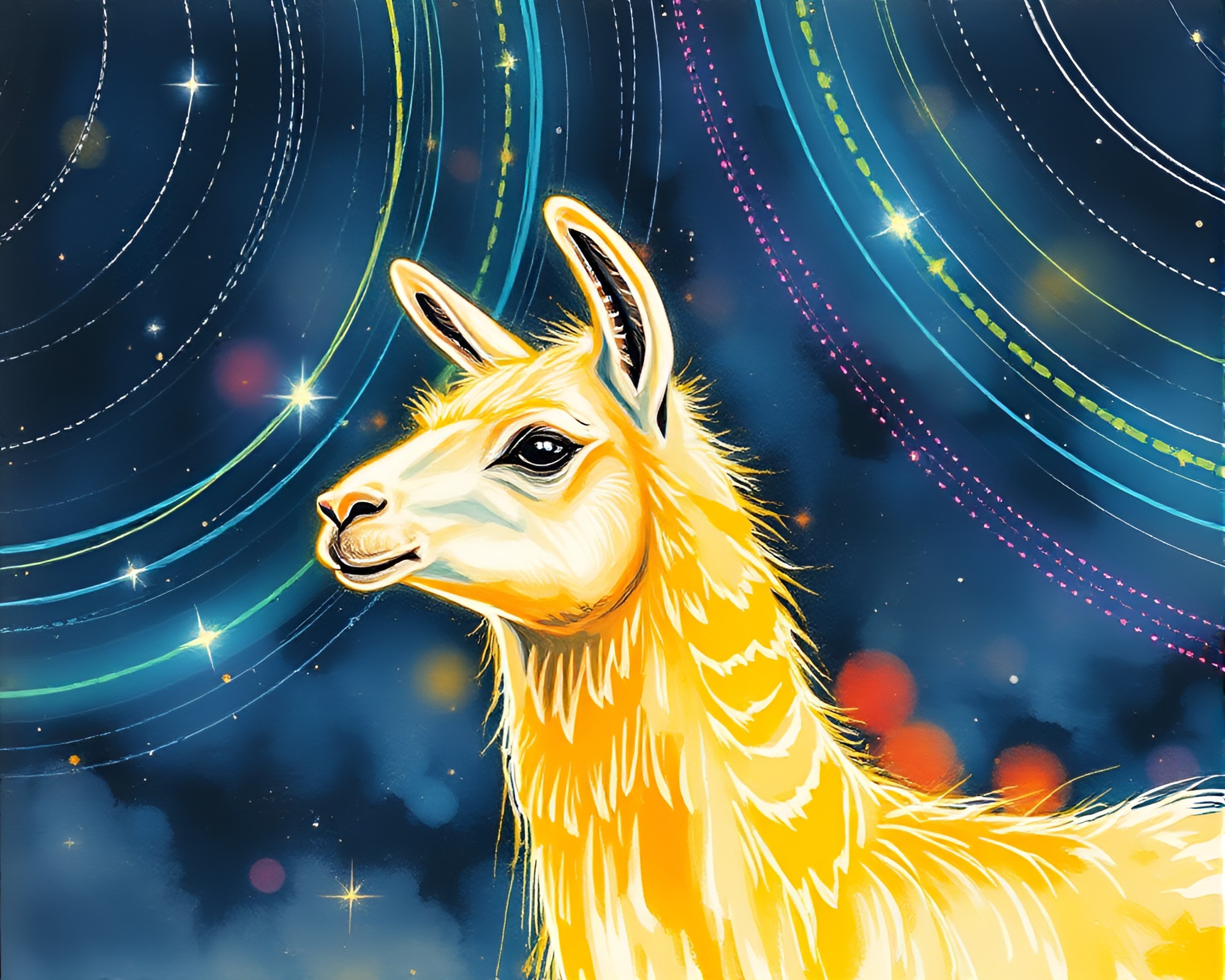 Neon Star Trails with Llama in Sumi-e Brushwork – free AI stock image
