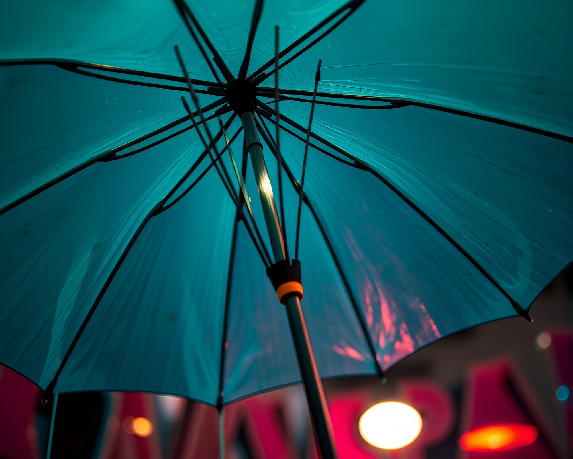 Neon-Lit Umbrella Close-Up in Teal Serenity – free AI stock image