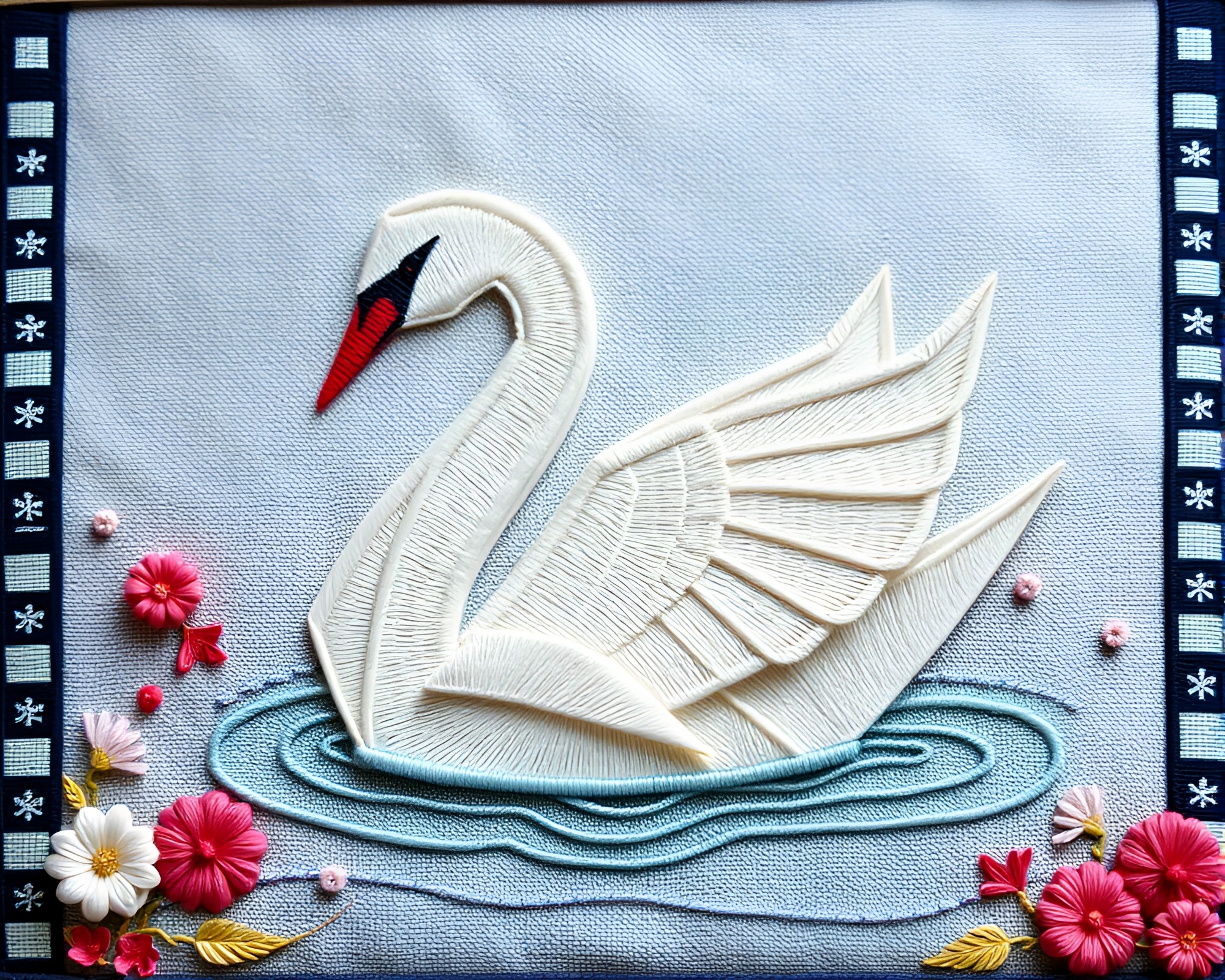 Surreal Origami Swan Embroidery Art with Film Strip Border – free AI stock image