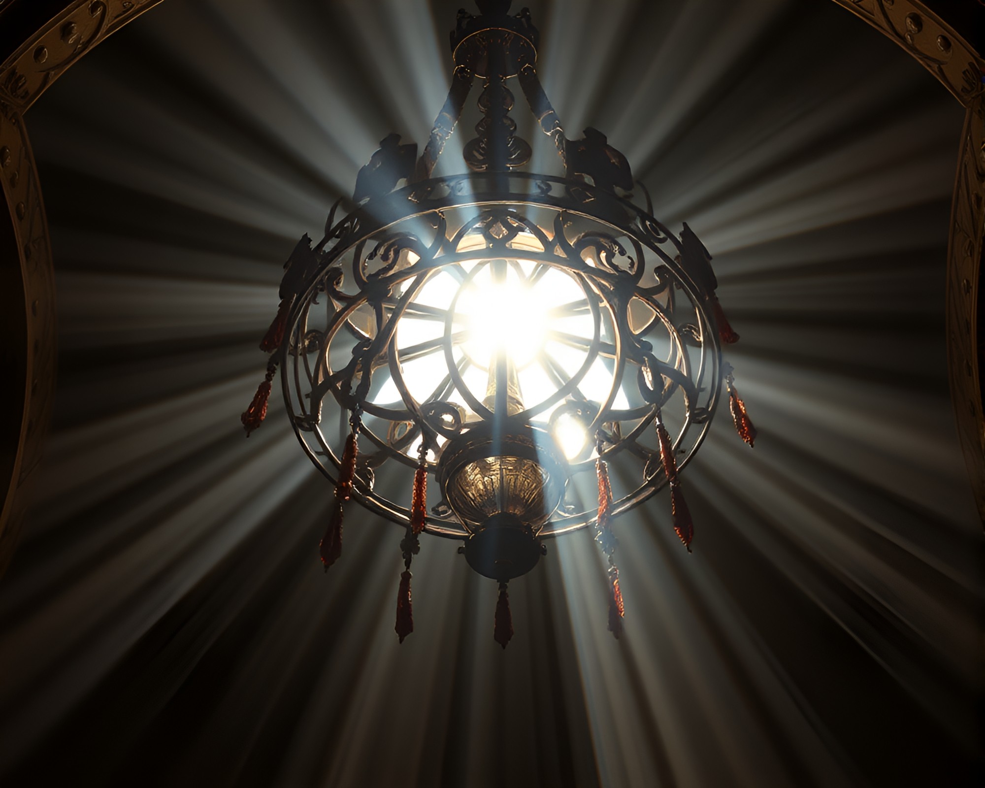 Gothic Chandelier Illuminated by Sunbeam Rays – free AI stock image