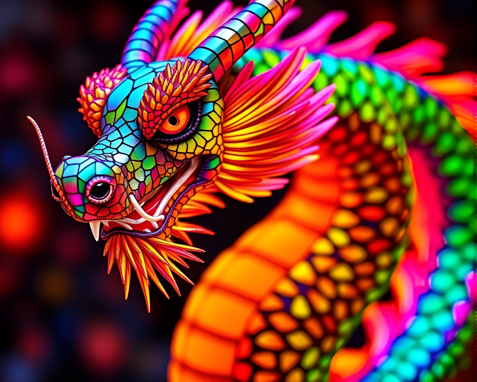 Vibrant Dragon Mosaic: Neon Fantasy Tight Crop – free AI stock image