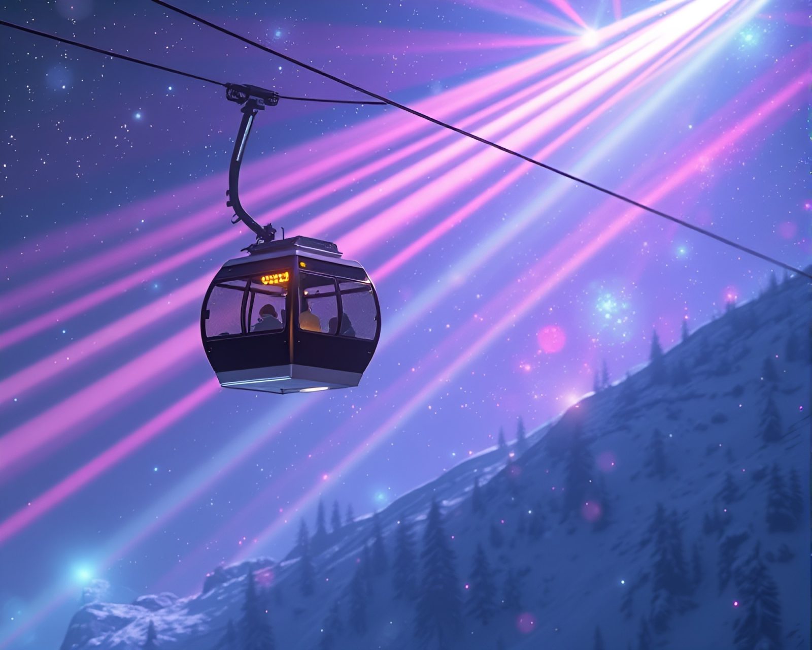 Futuristic gondola lift surrounded by laser beams and cosmic colors