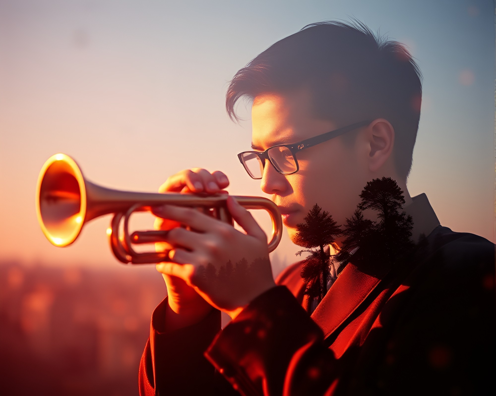 Surreal Trumpet Photocollage Portrait with Hazy Lighting – free AI stock image