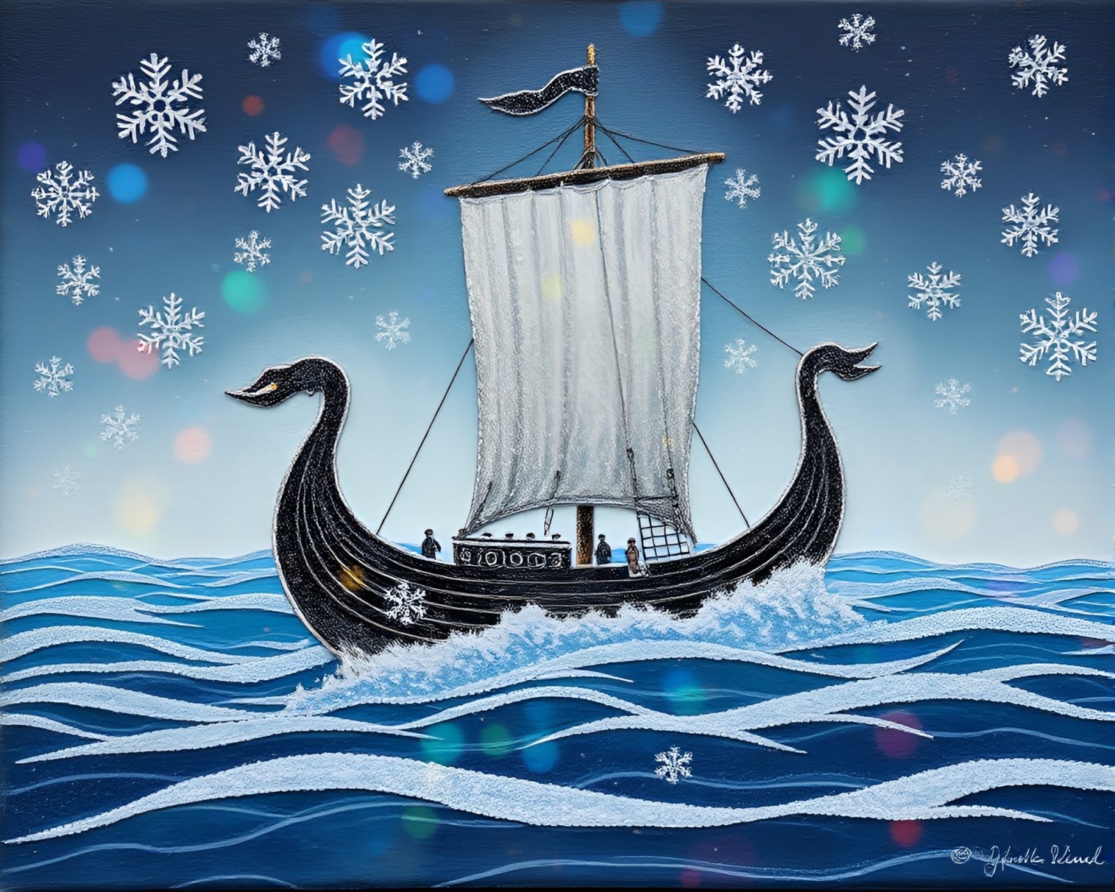 Majestic mixed media artwork of glowing Viking ship in snow