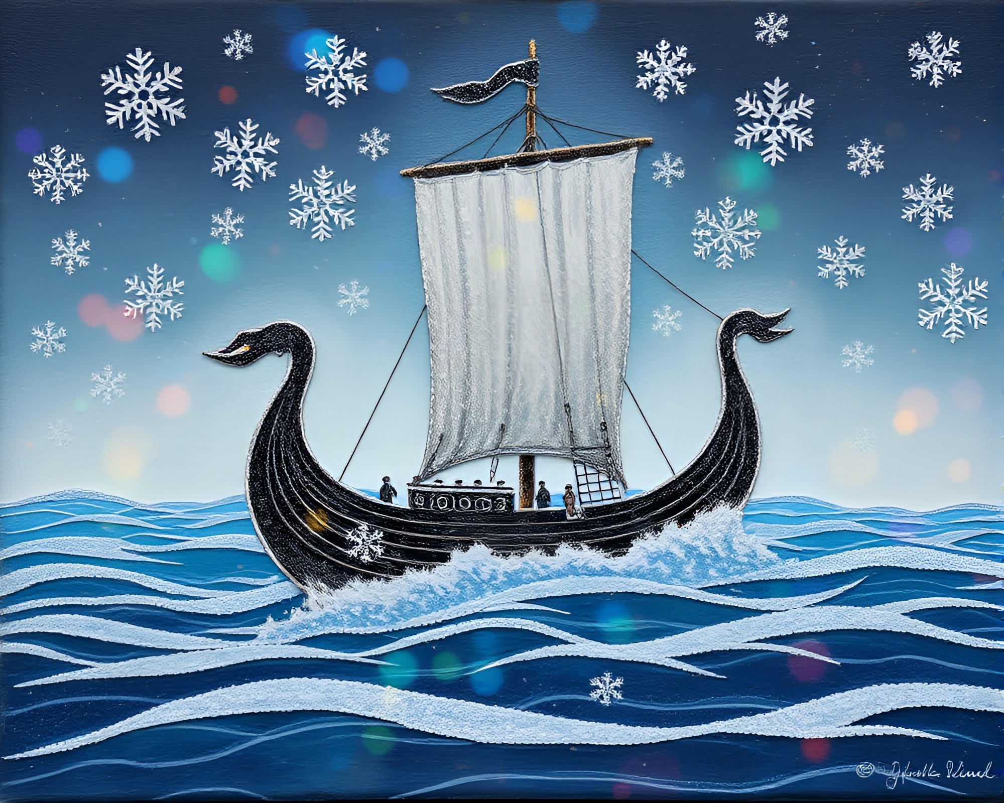 Iridescent Viking Longship Sailing Through Snowflake Sky – free AI stock image