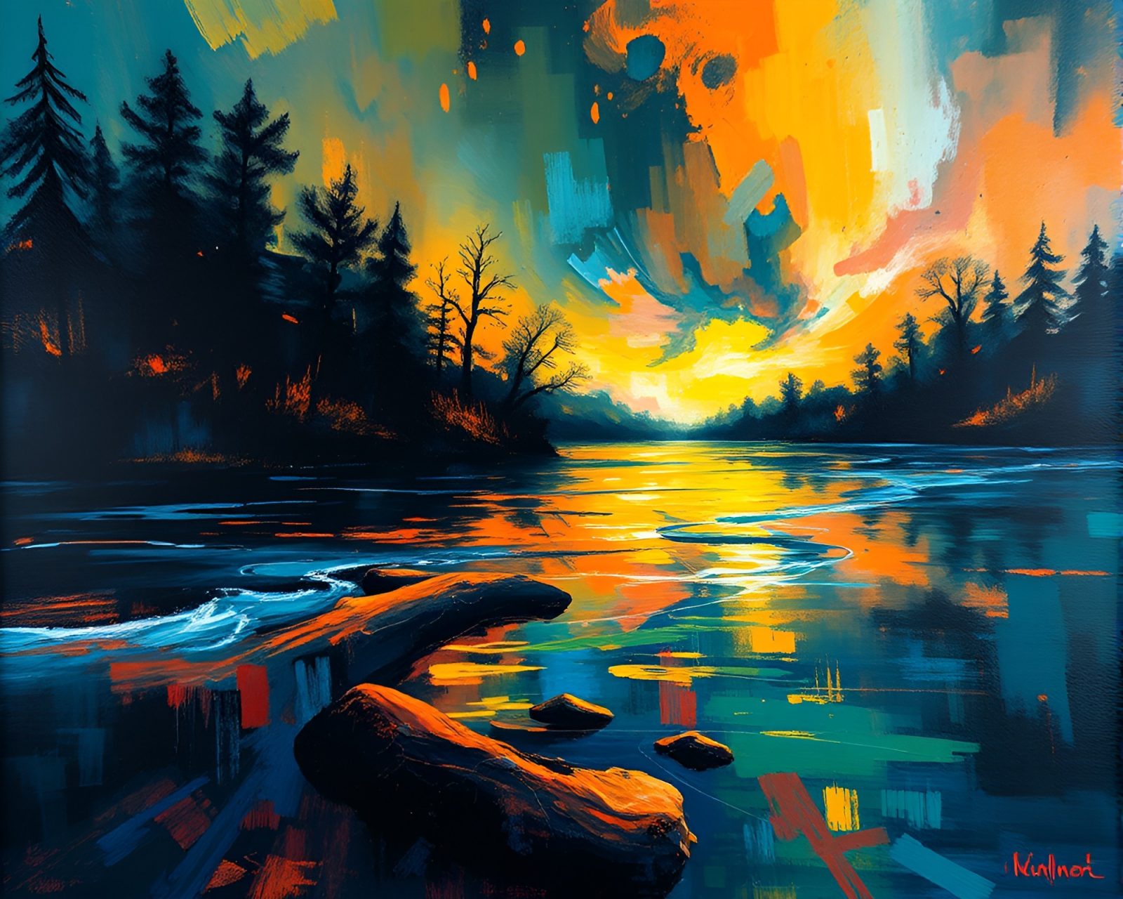 Expressionist painting of a mystical river glowing in the dark