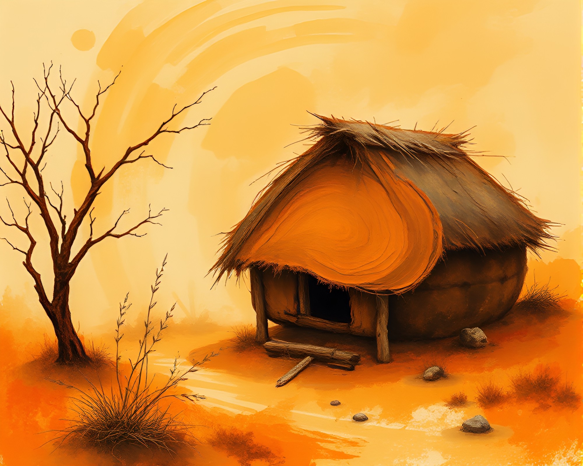 Lens Distorted Mud Hut in Warmth – free AI stock image