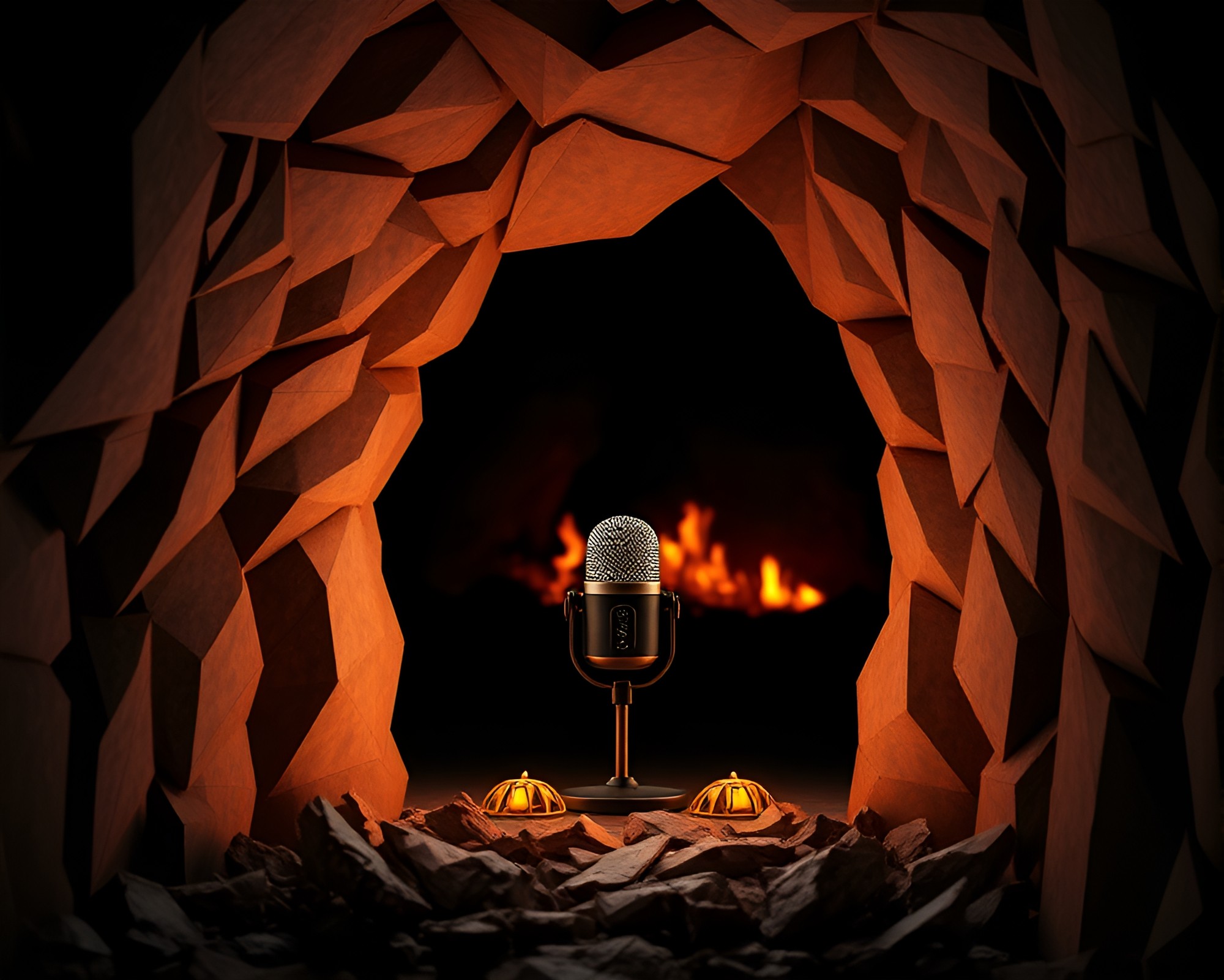 Floating Embers Microphone at Cave Entrance in Origami Style – free AI stock image