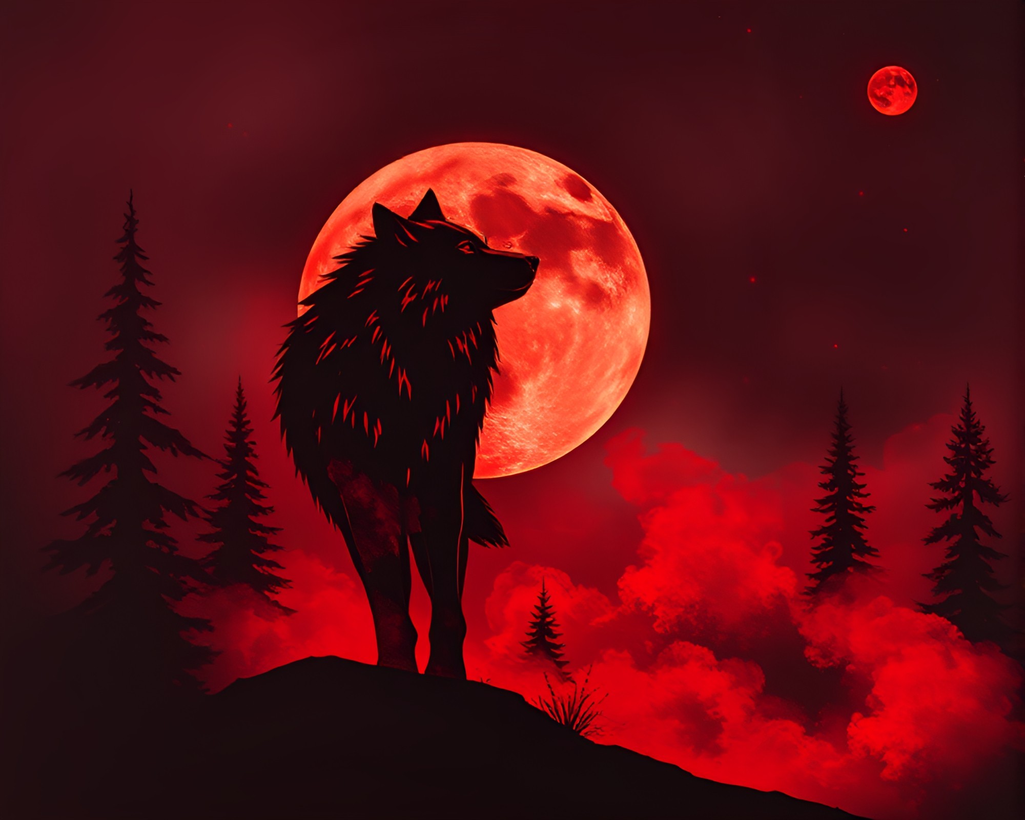 Moonlit Wolf in Ruby Red Steam Vapor Stencil Art – free AI stock image