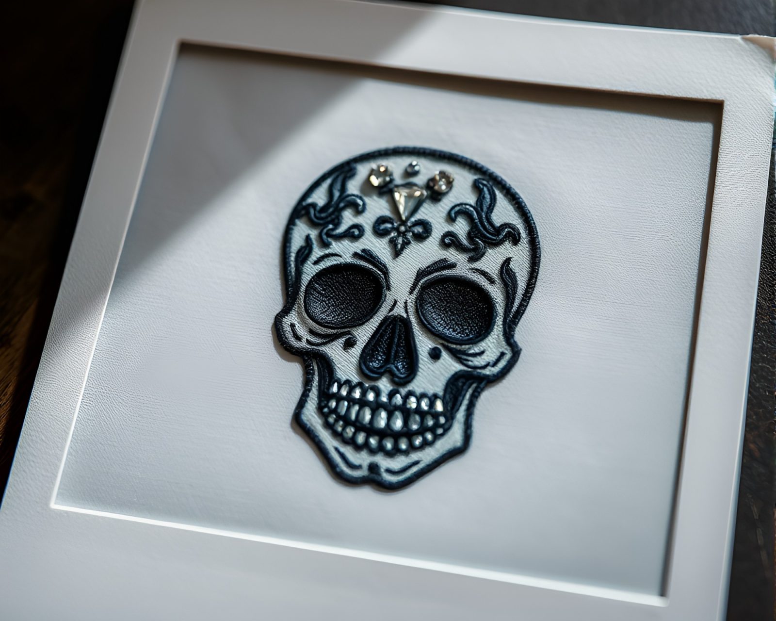 Intricate crystal skull design stitched in vivid HDR colors