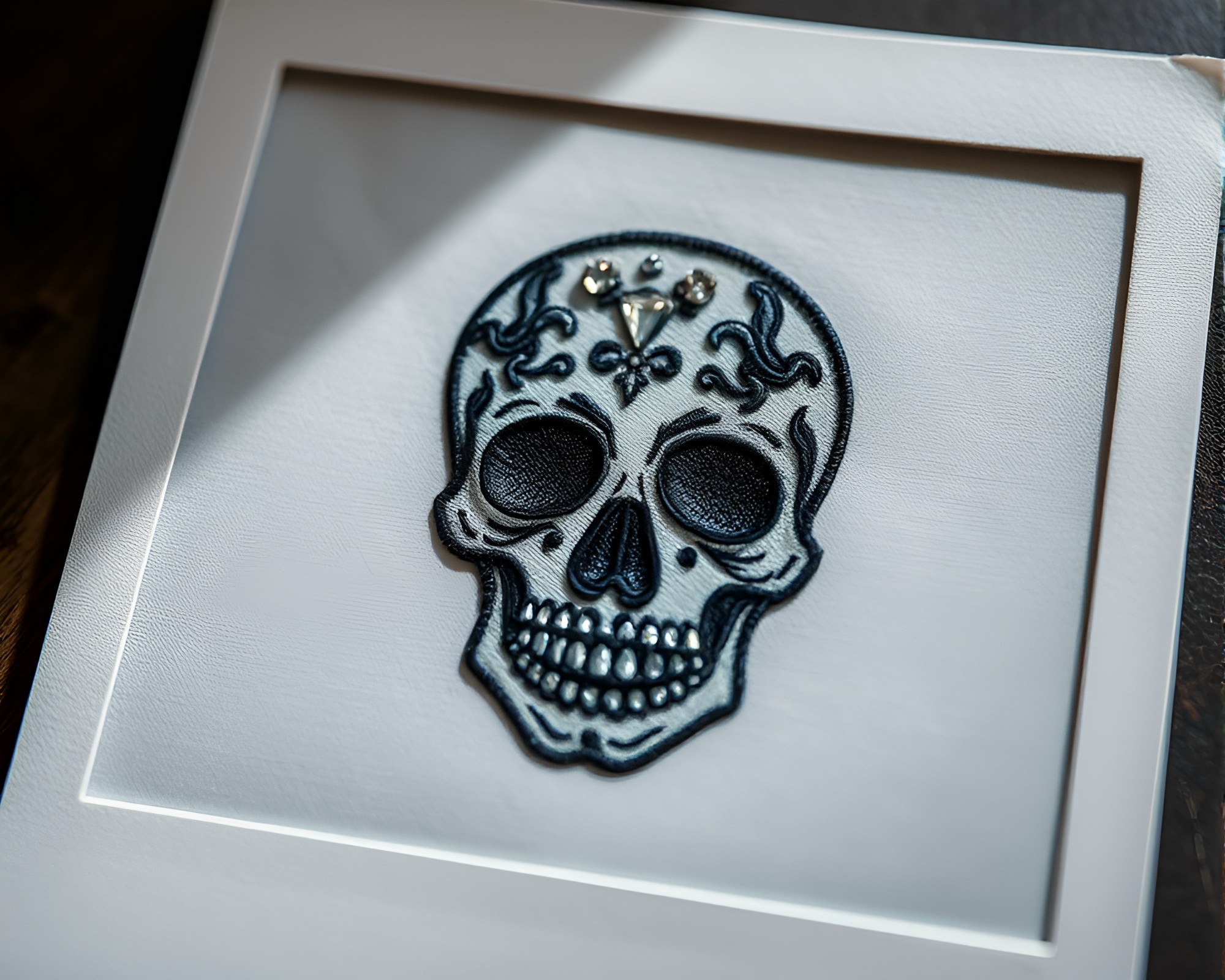 Enigmatic Crystal Skull Embroidered in HDR Polaroid Frame – free AI stock image