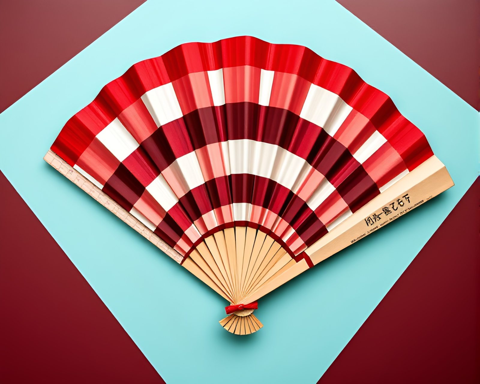 Vibrant hand-painted fan against ruby red checkered backdrop
