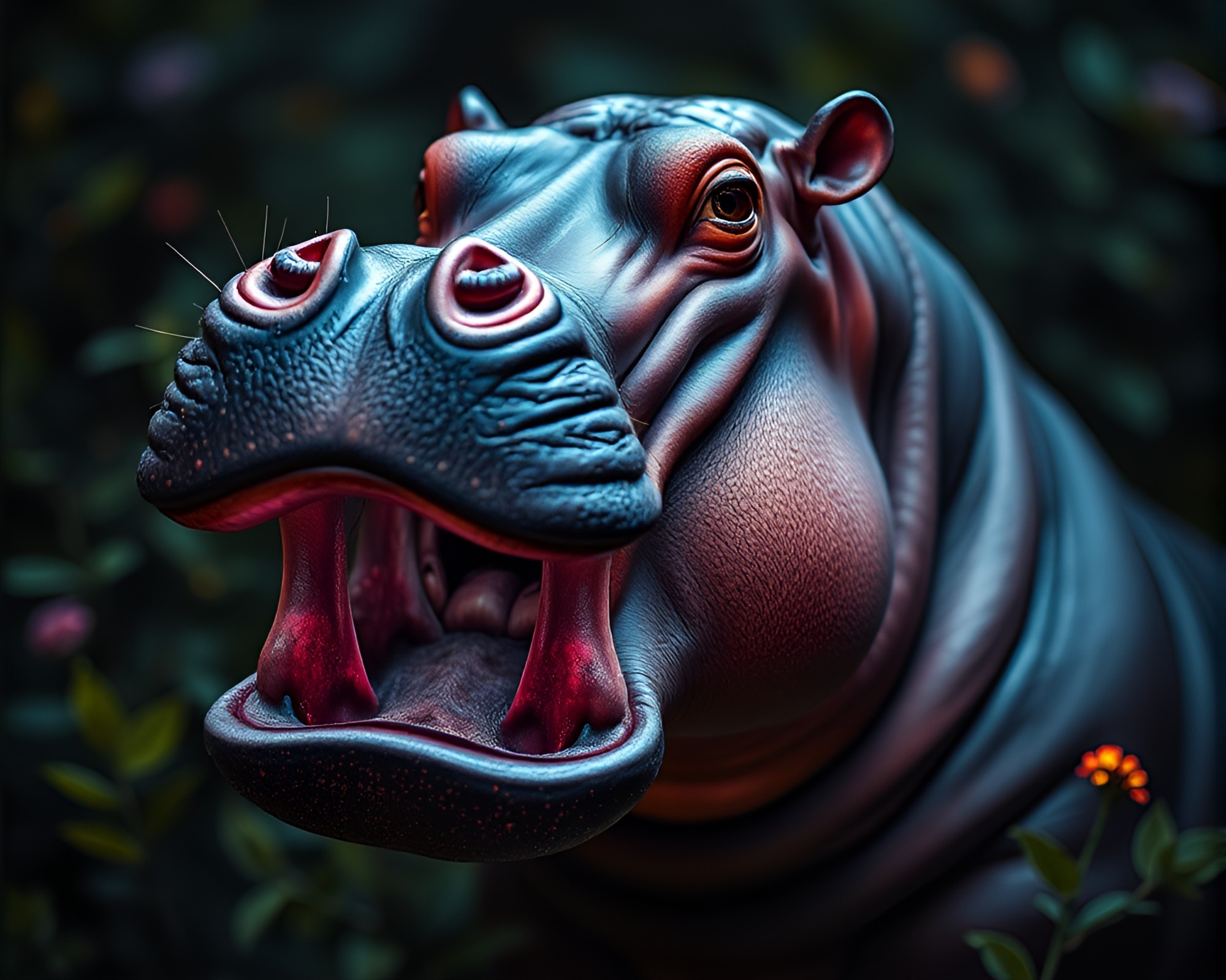 Hippopotamus in Phosphorescent Botanical Glow – free AI stock image
