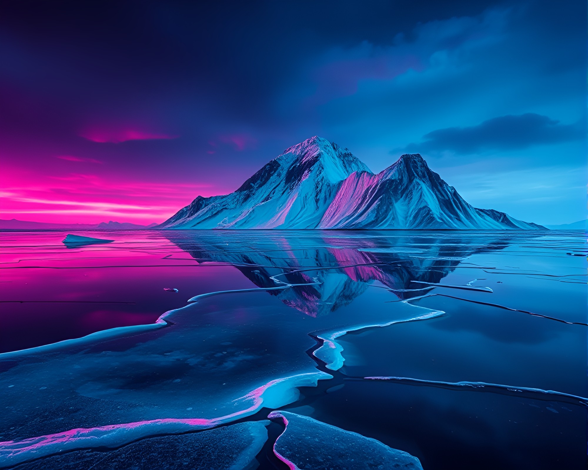 Neon Ice Island Reflection Crack Noir – free AI stock image