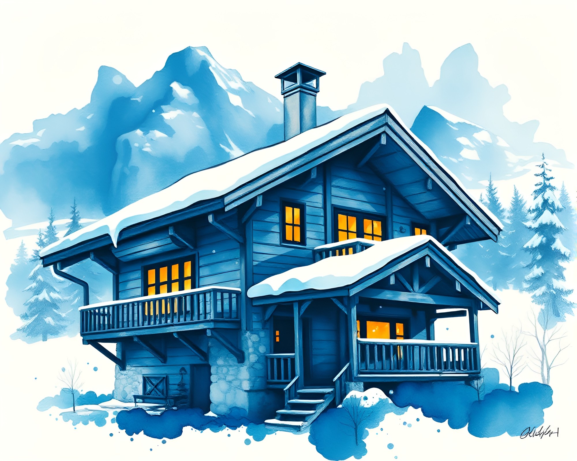 Ink Splashes Transform Alpine Chalet into Sapphire Wonderland – free AI stock image