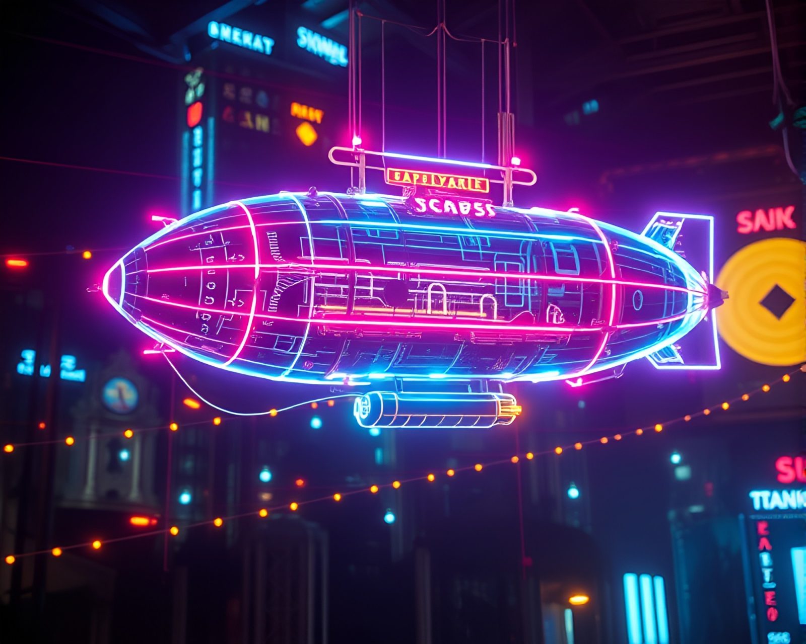 Glowing neon lines trace around intricate steampunk airship design