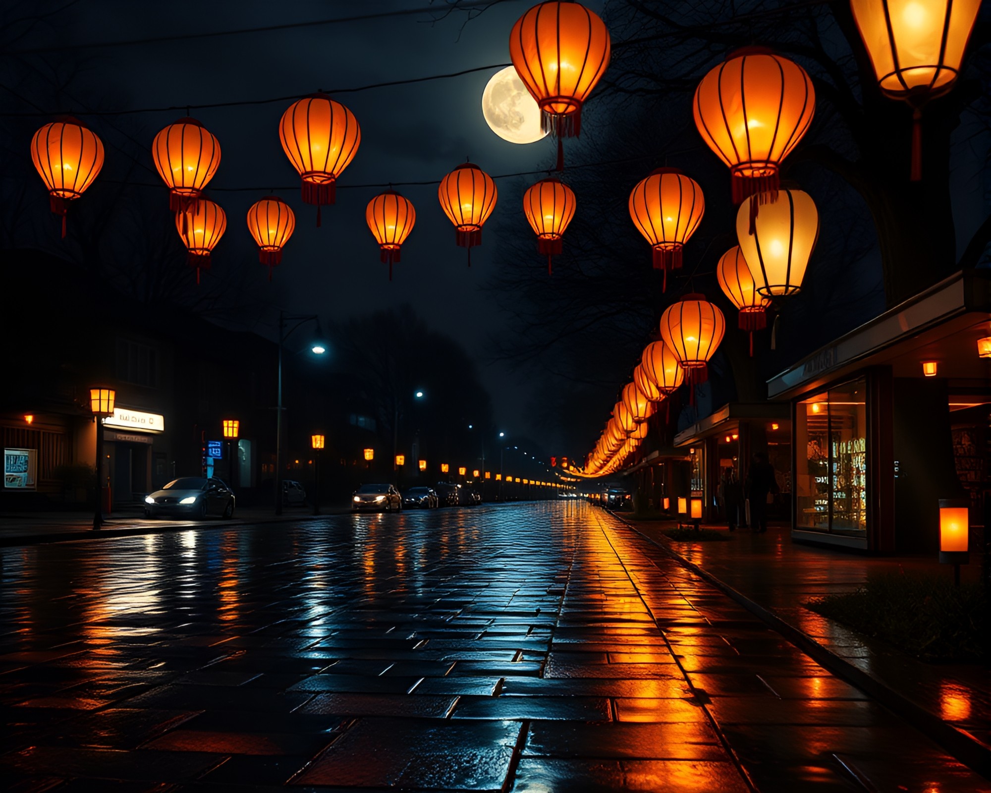 Moonlit Reflections: Floating Lanterns on Wet Pavement – free AI stock image
