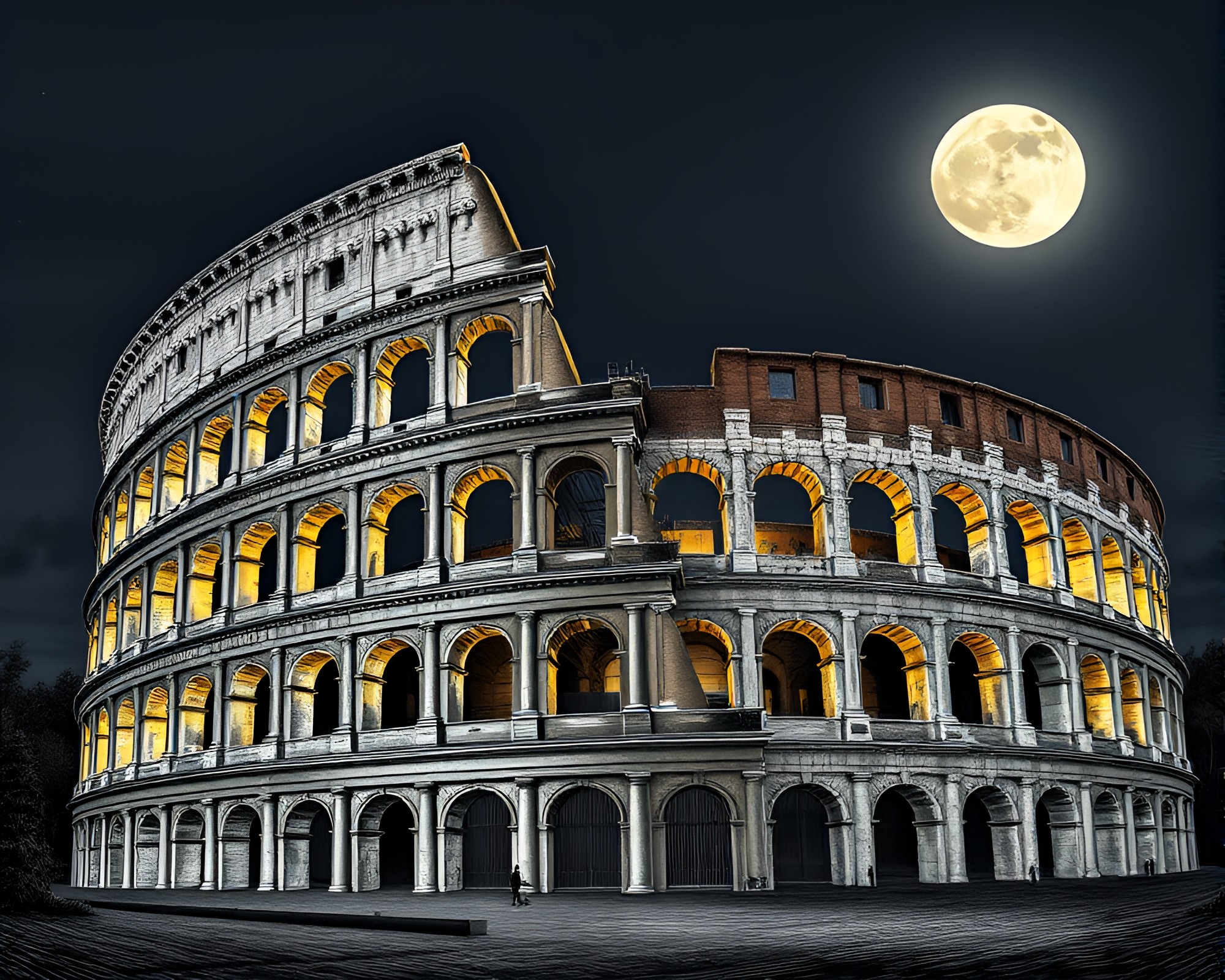Moonlit Roman Coliseum Engraved in Tilted Angle – free AI stock image