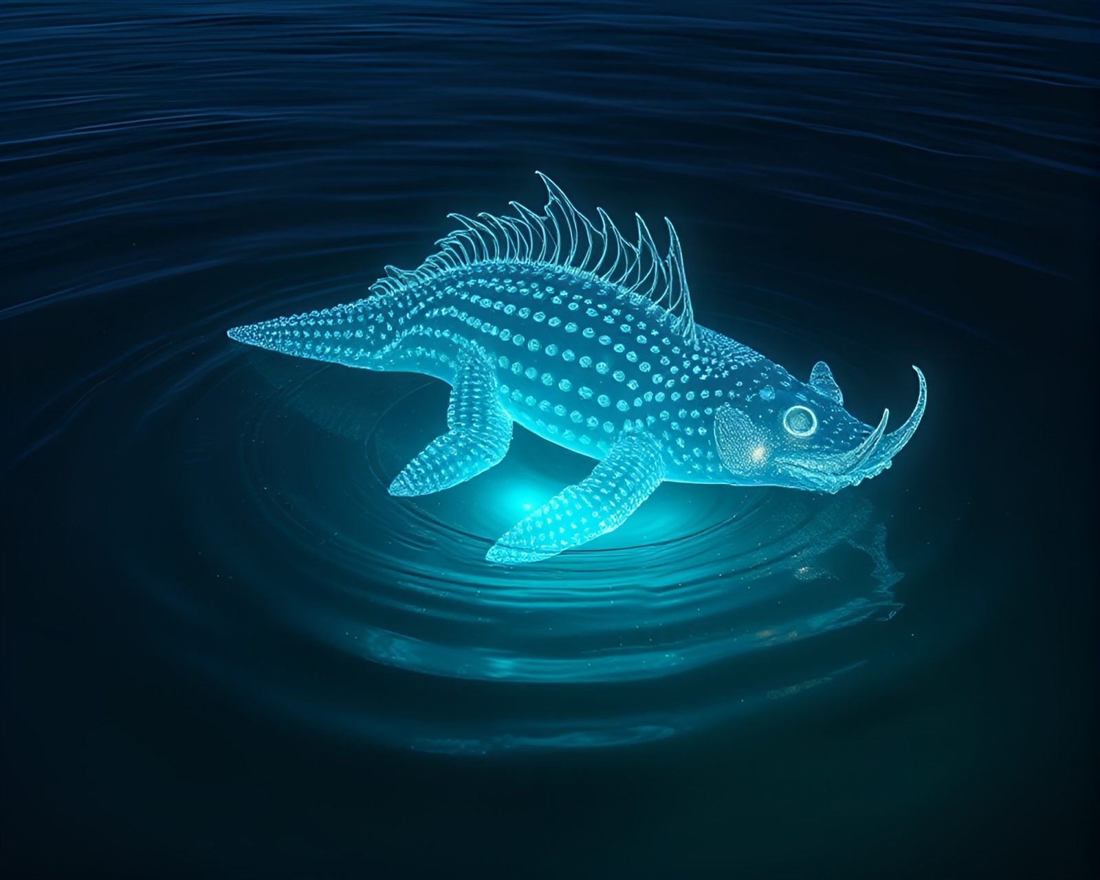 Fantastical scene of glowing rhino in swirling aquatic vortex