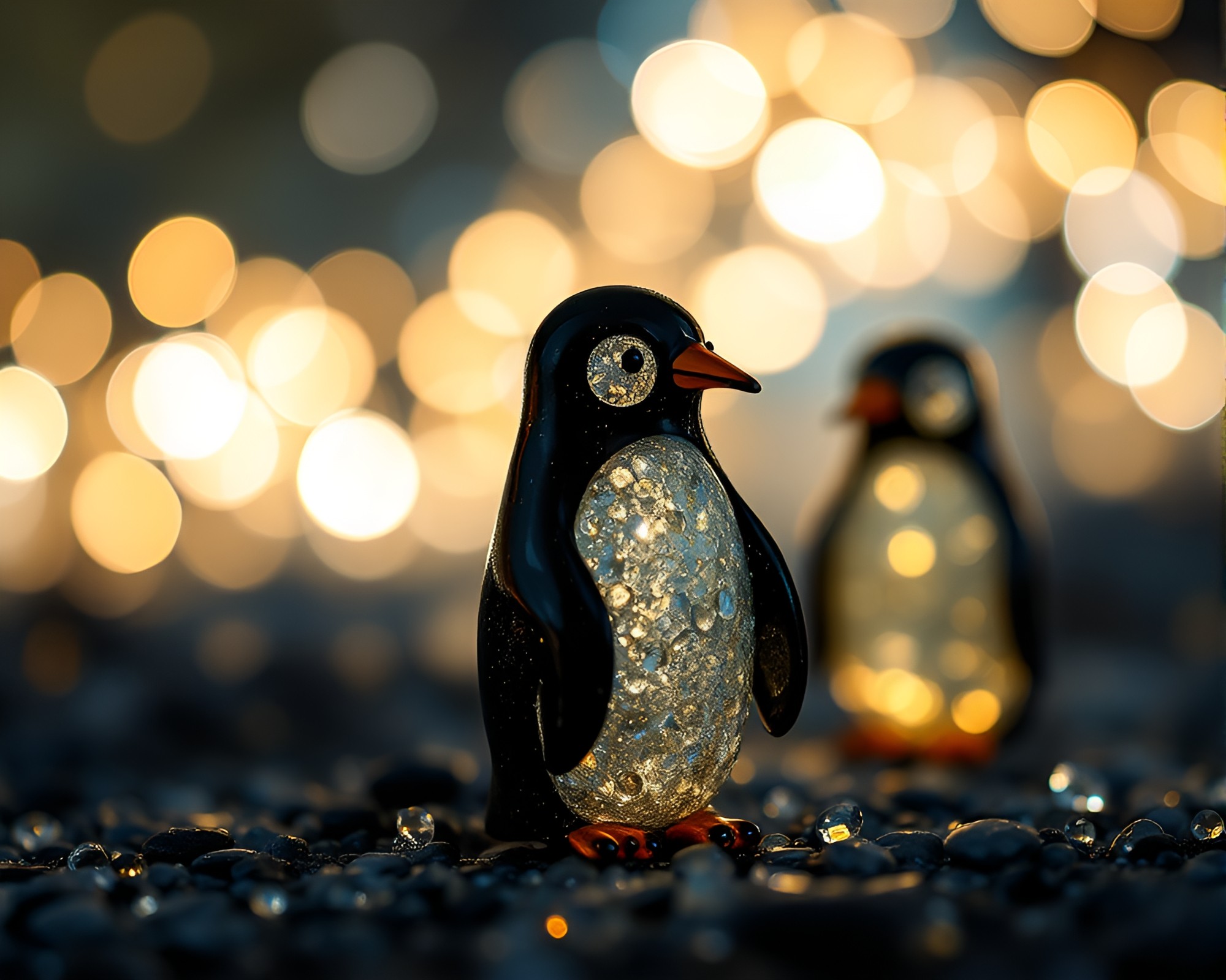 Penguin in Bokeh Lights Reflection on Wet Glass – free AI stock image