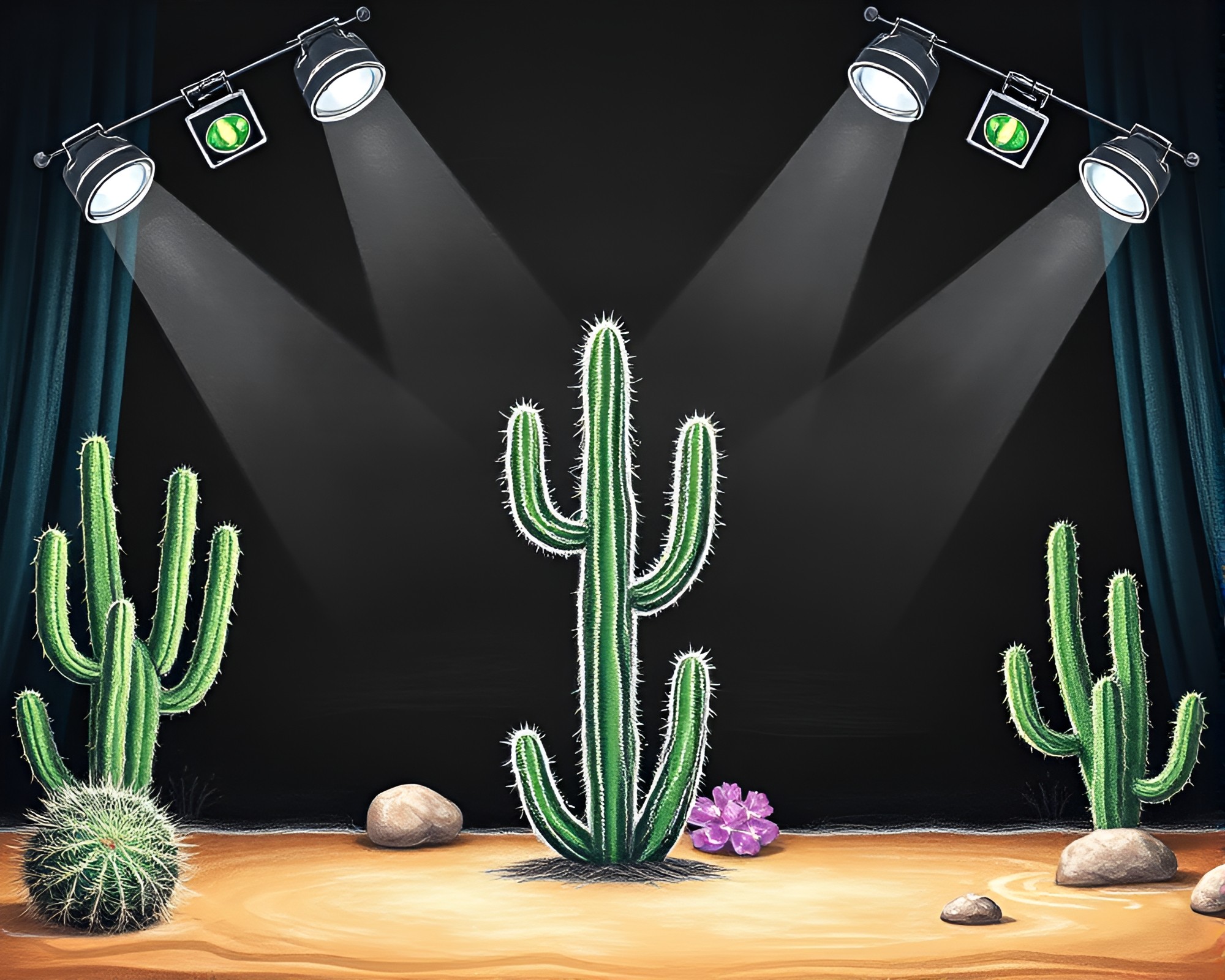 Desert Cactus Exploration Through Fisheye Stage Spotlight – free AI stock image