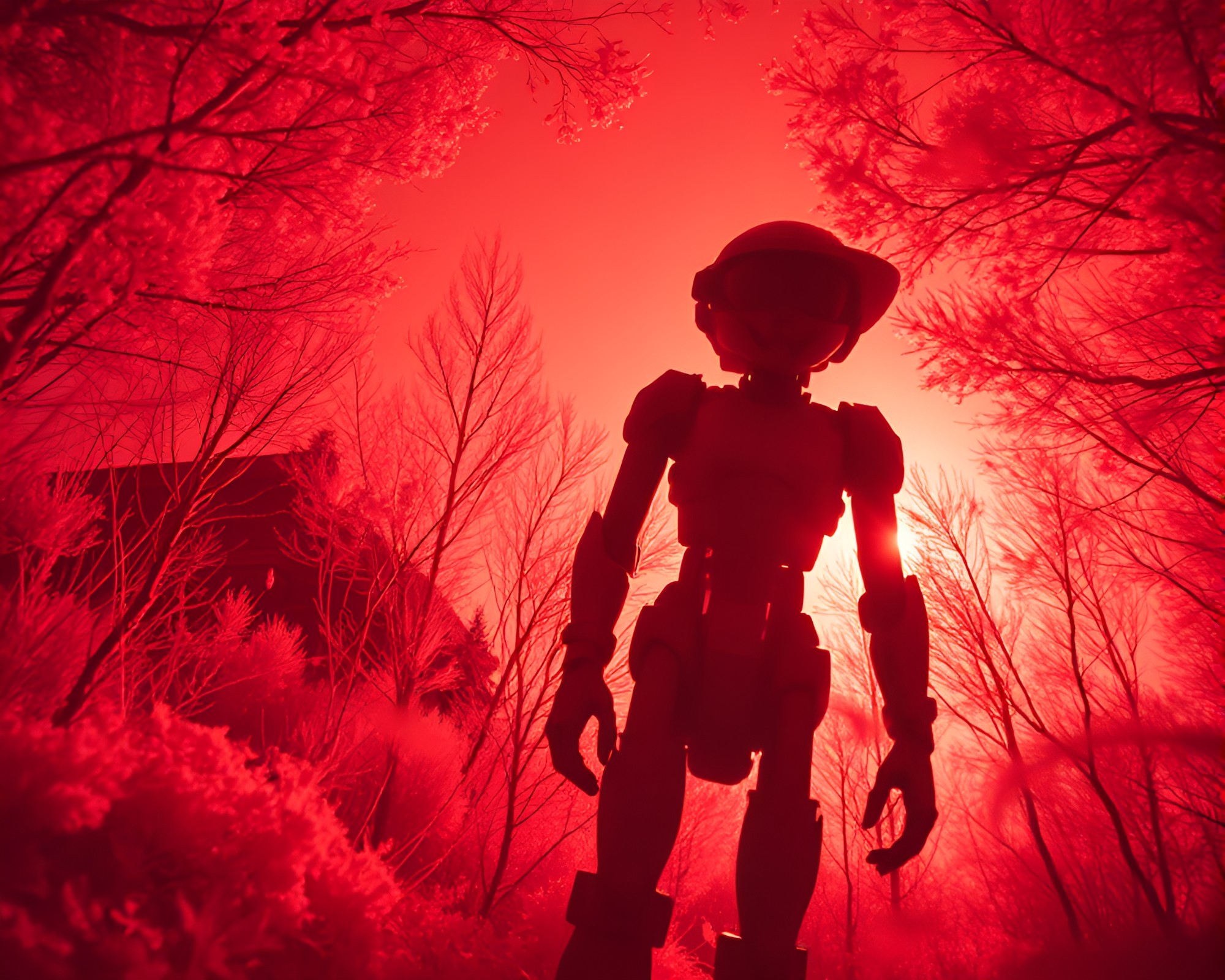 Infrared Cyborg Silhouette in Worm’s Eye View – free AI stock image