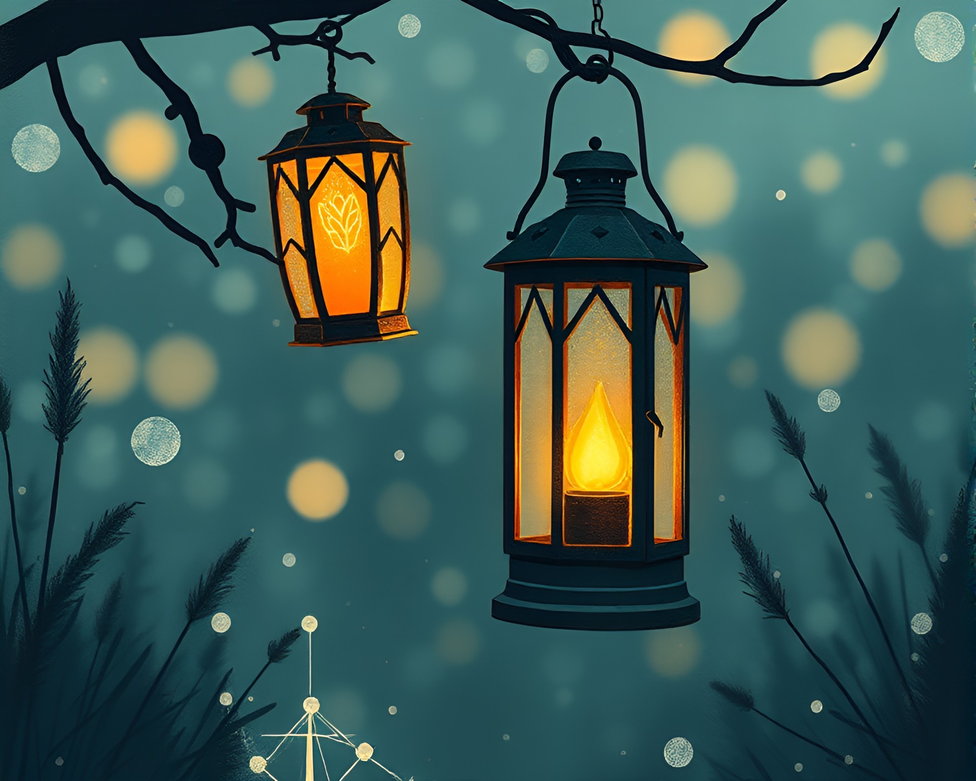 Mystical Oil Lantern with Dew Drop Reflections – free AI stock image