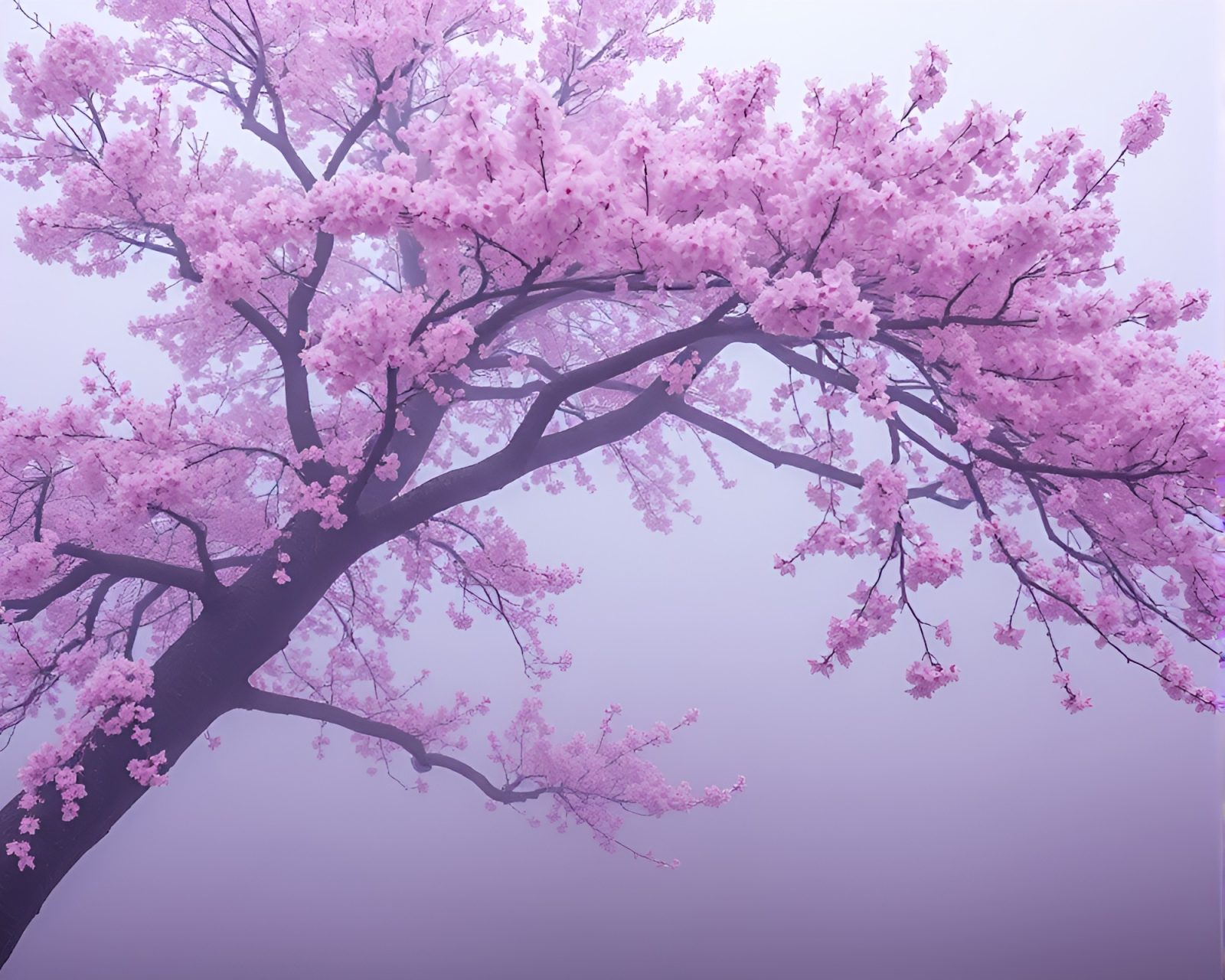 Majestic cherry blossom tree surrounded by drifting fog
