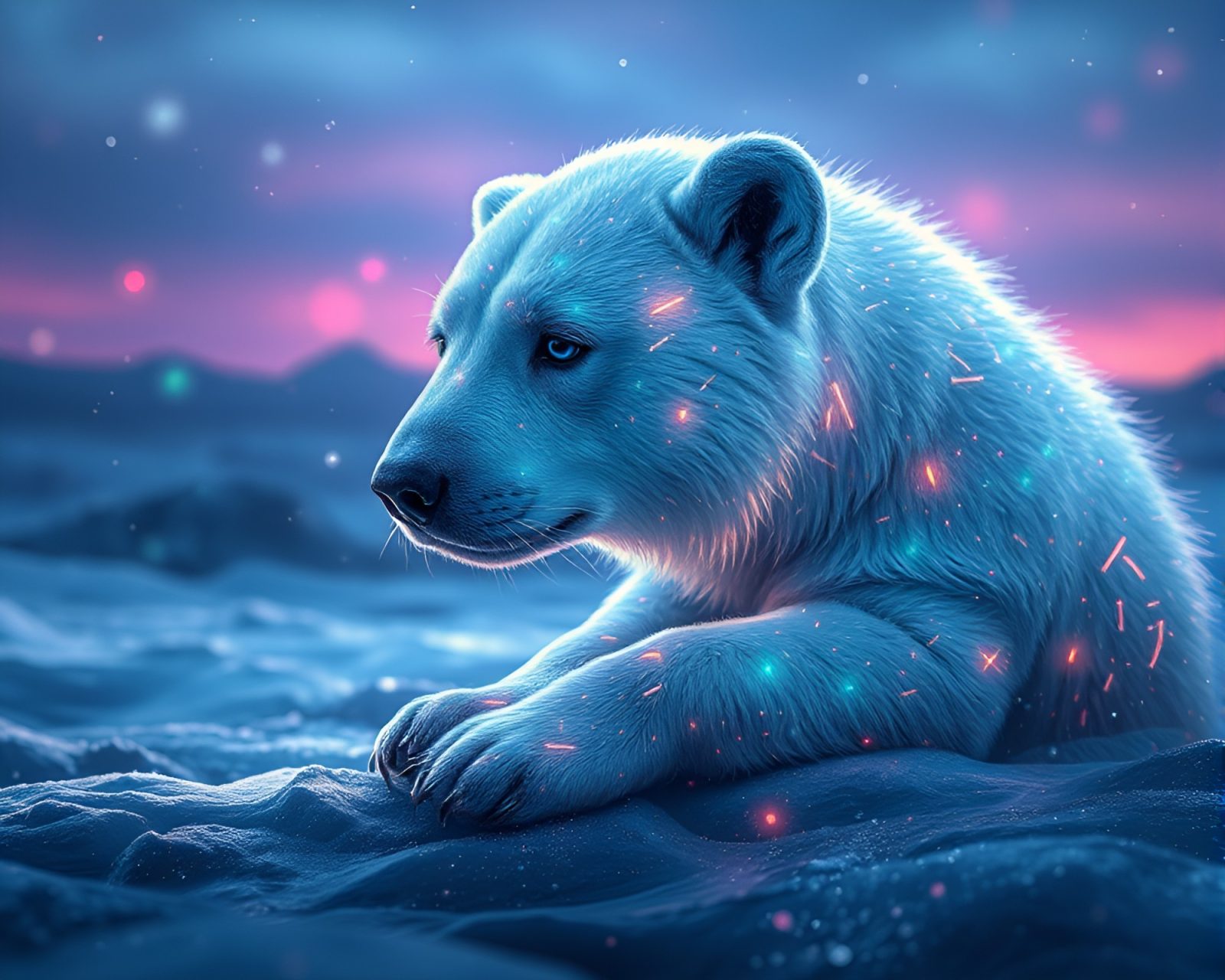 Futuristic holographic animal in twilight under glowing skies
