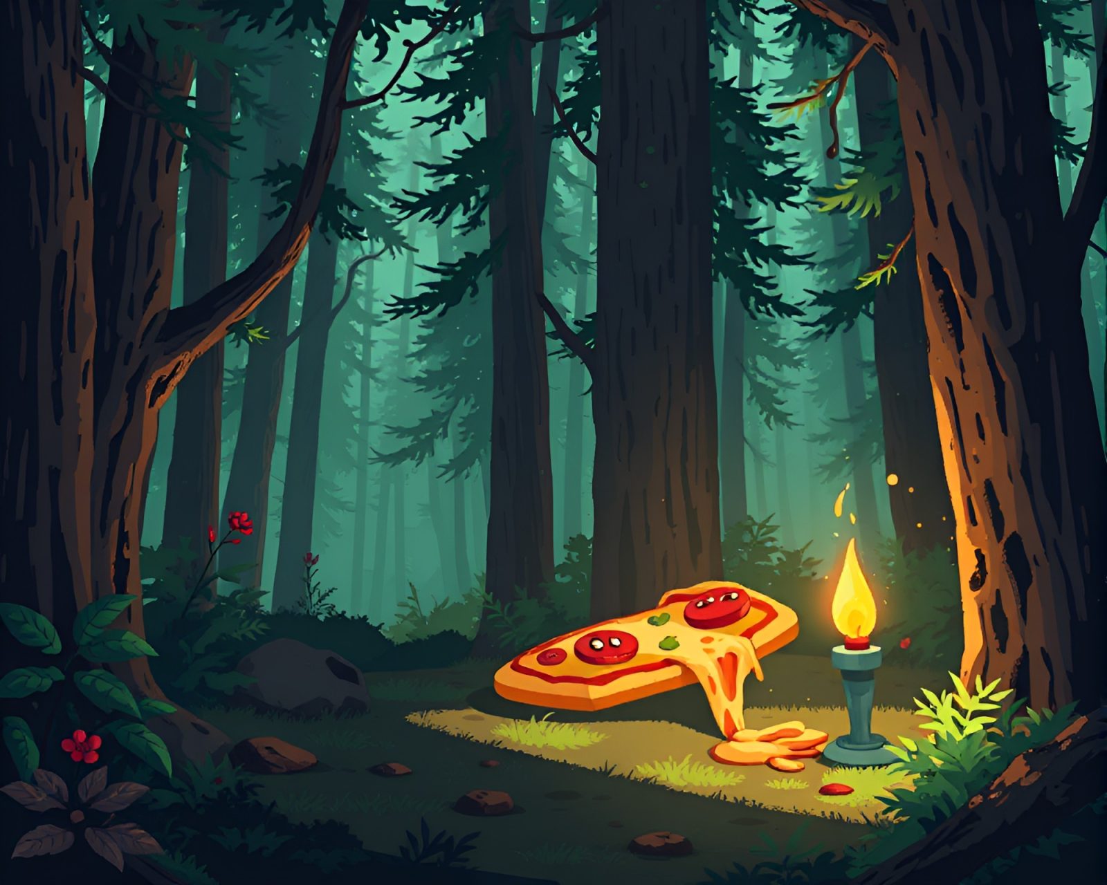 Pixelated pizza slice in enchanted green shadow forest scene