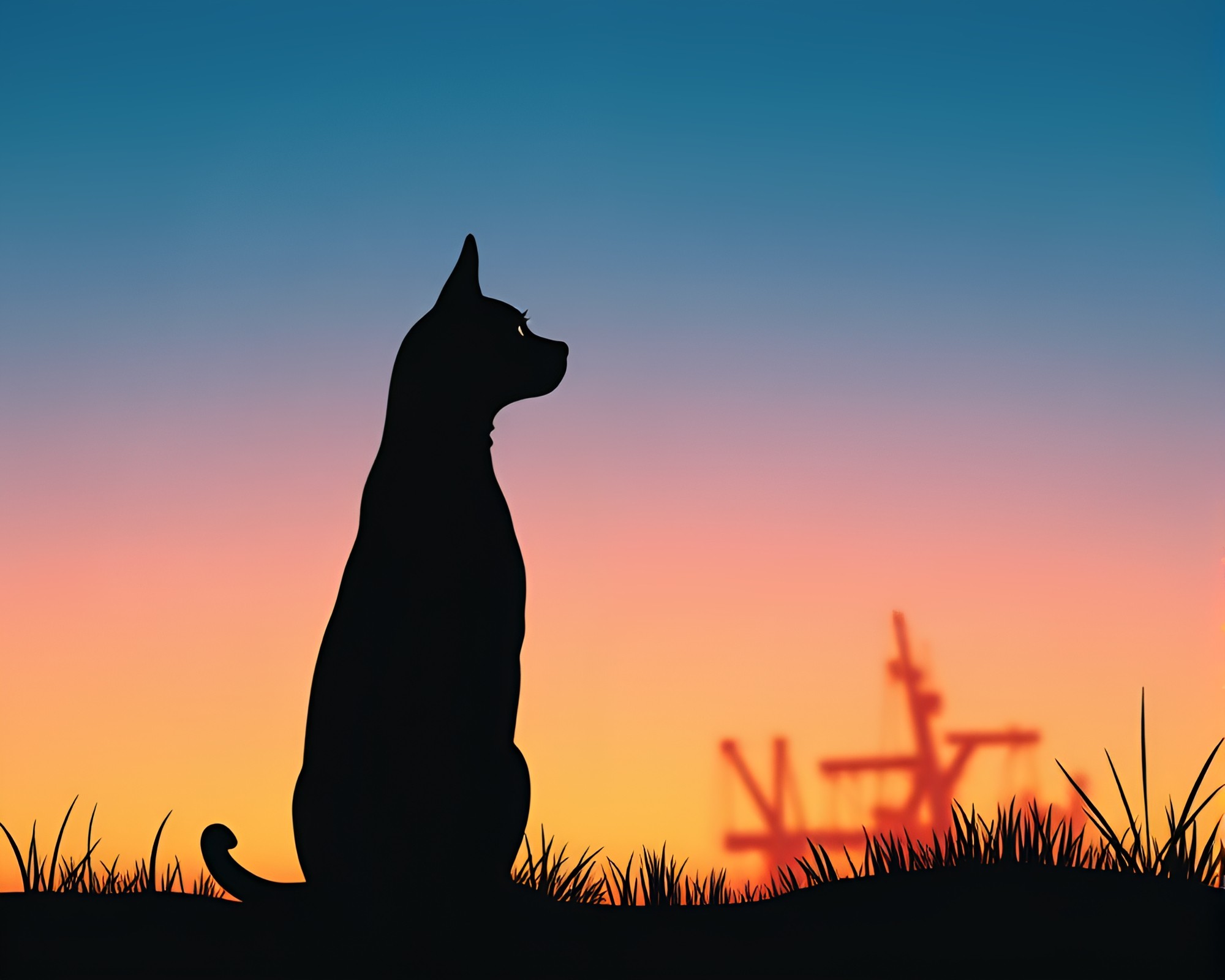 Holographic Silhouette of Twilight Pet in Woodblock Print Style – free AI stock image