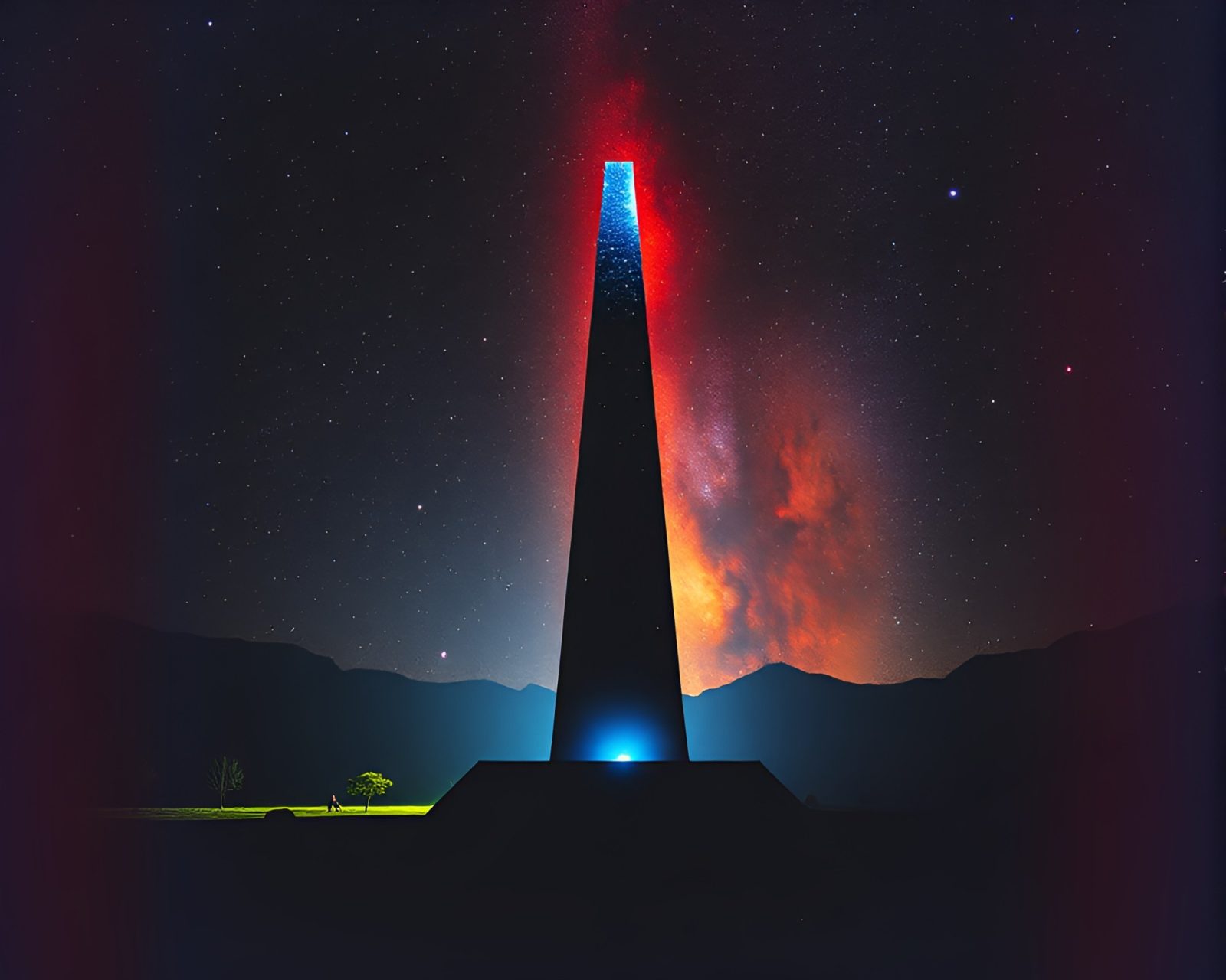 Mystical obelisk surrounded by swirling galaxy colors and shadows