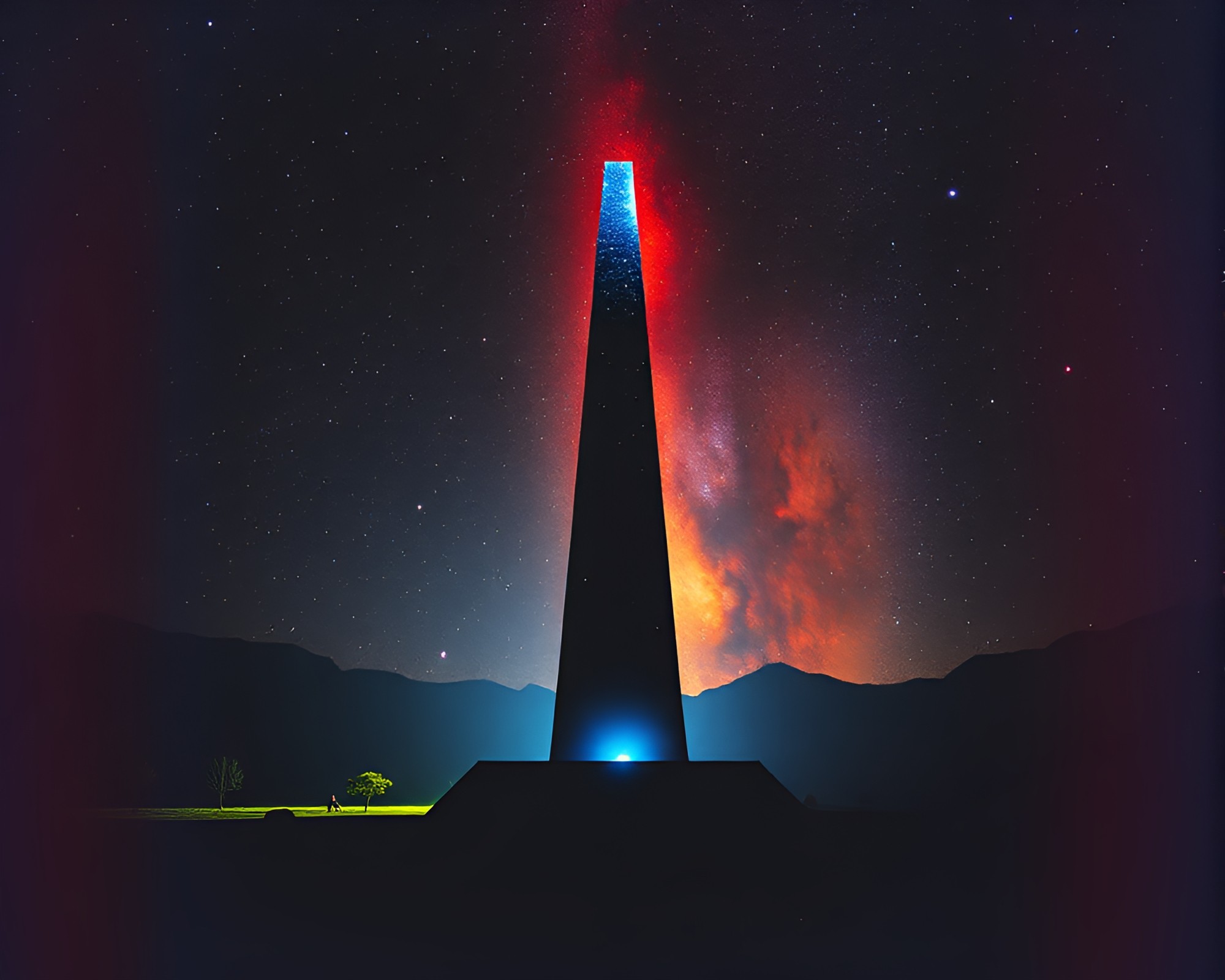 Galaxy Shadows: Surreal Obelisk Lightshow – free AI stock image
