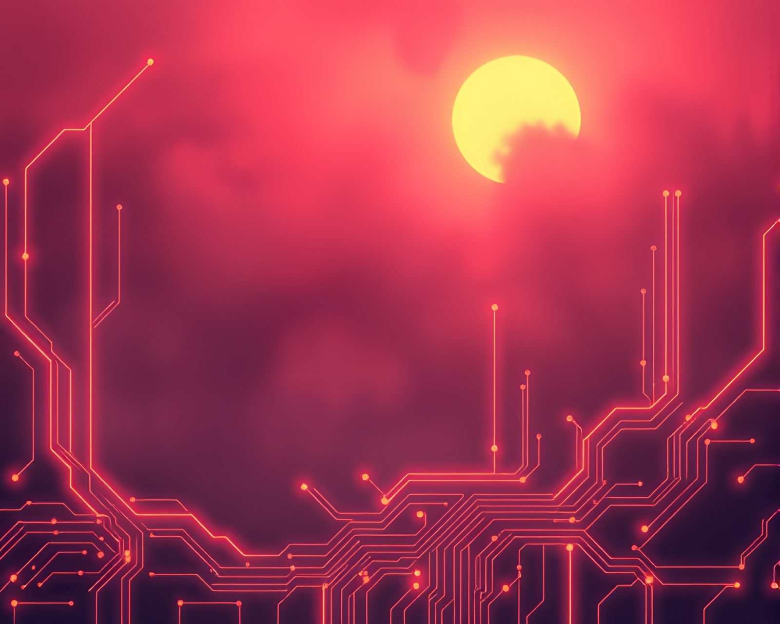 Illustration of circuit board pattern in neon wireframe at dawn mist