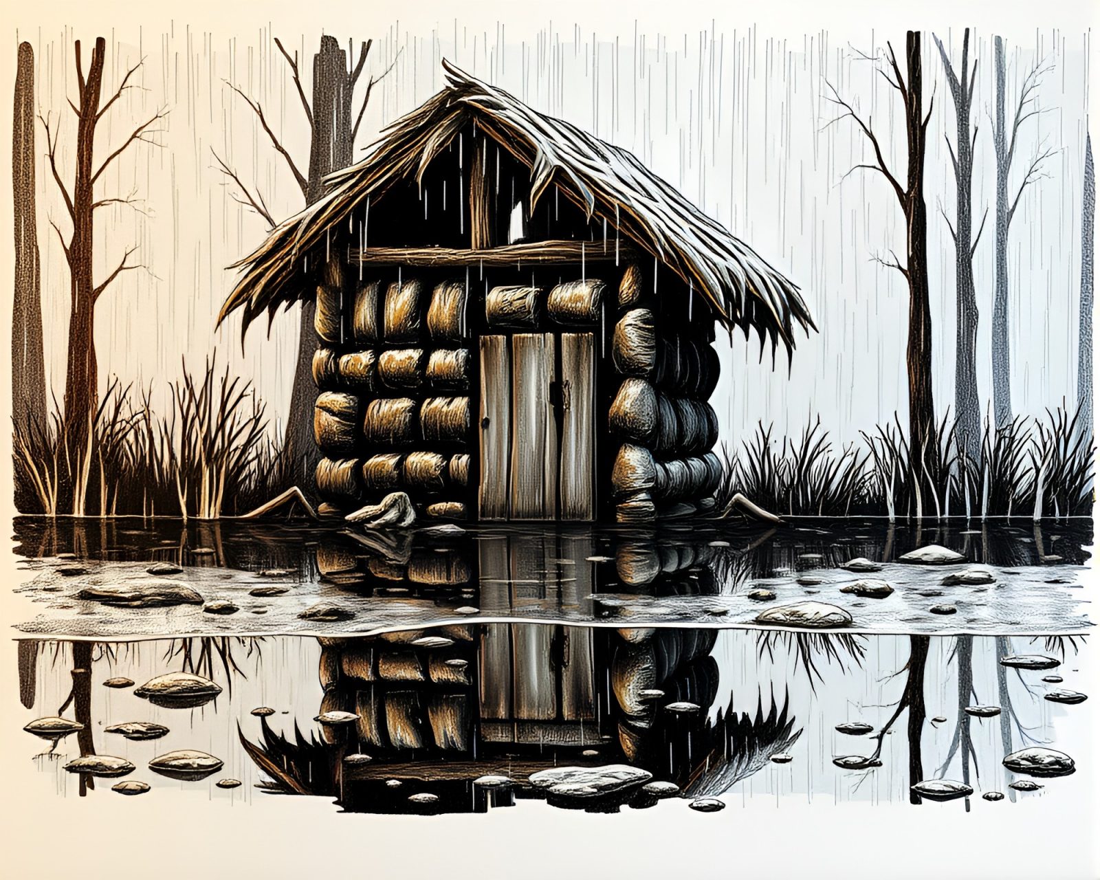 Algorithmic art depicting a mud hut reflecting raindrops