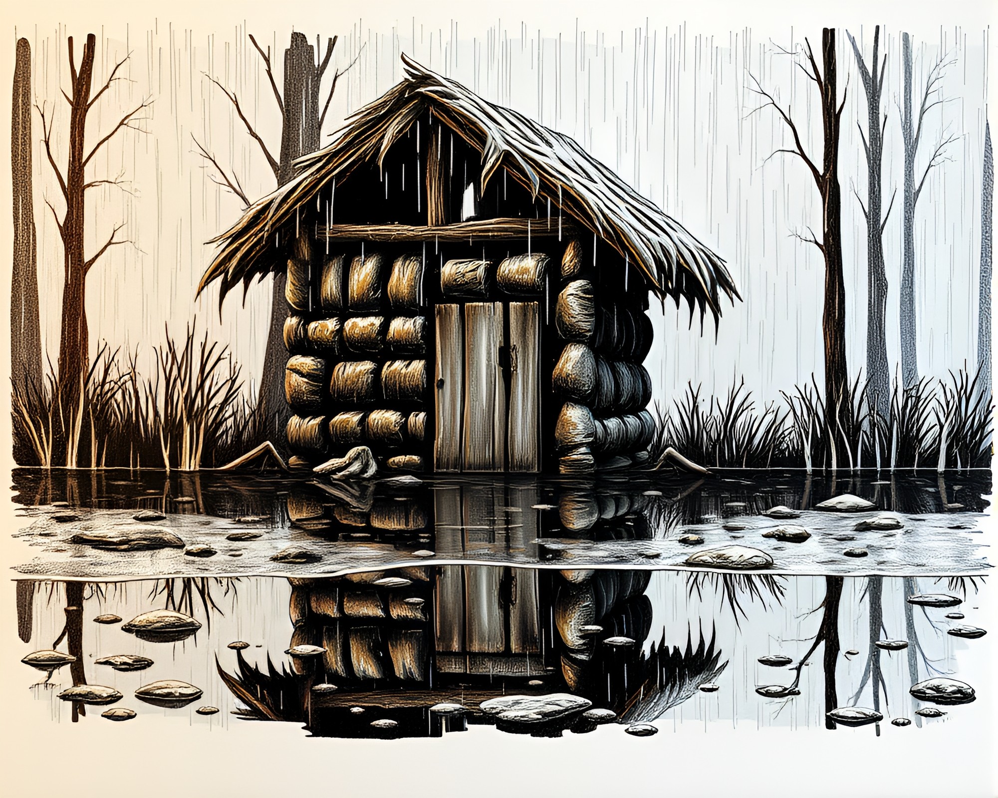 Rainy Reflections: Mud Hut Artistic Foil Stamping – free AI stock image