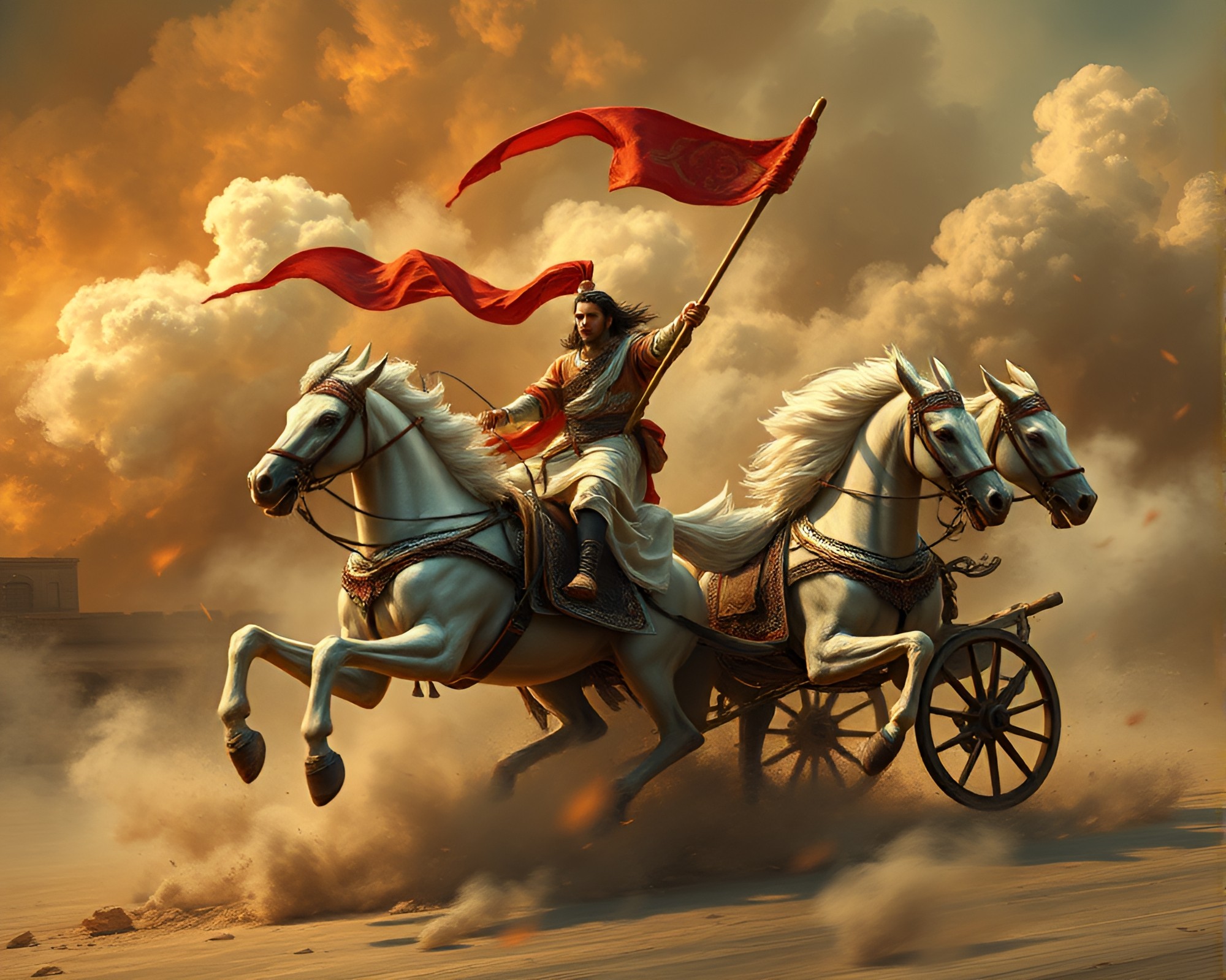 Epic high-angle chariot battle in action painting style – free AI stock image
