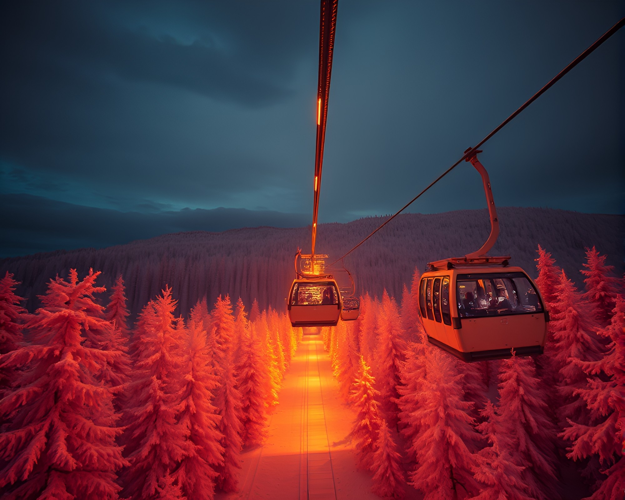 Dramatic Infrared Gondola Lift Scene – free AI stock image