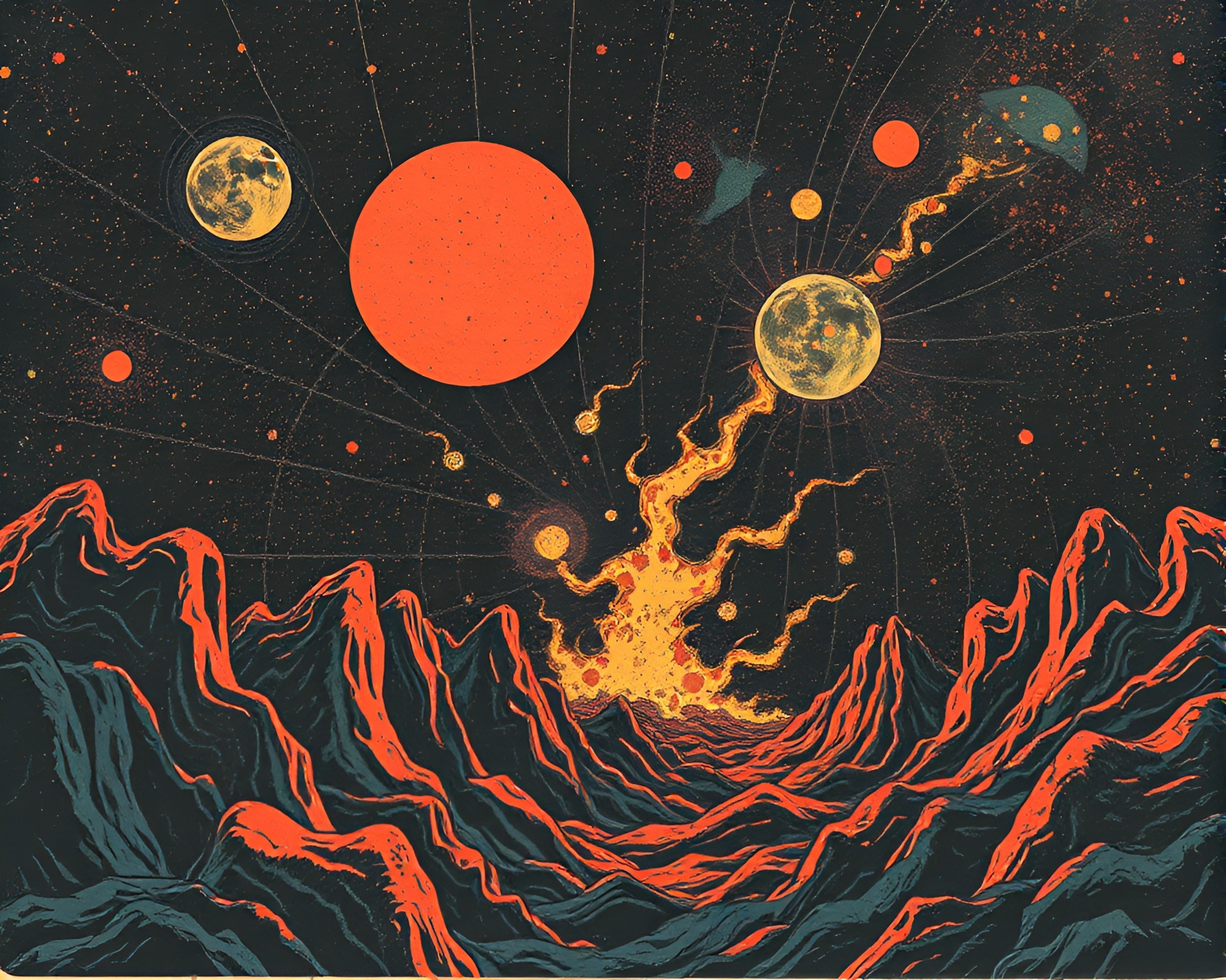 Eldritch Woodblock Cosmos Emergence – free AI stock image