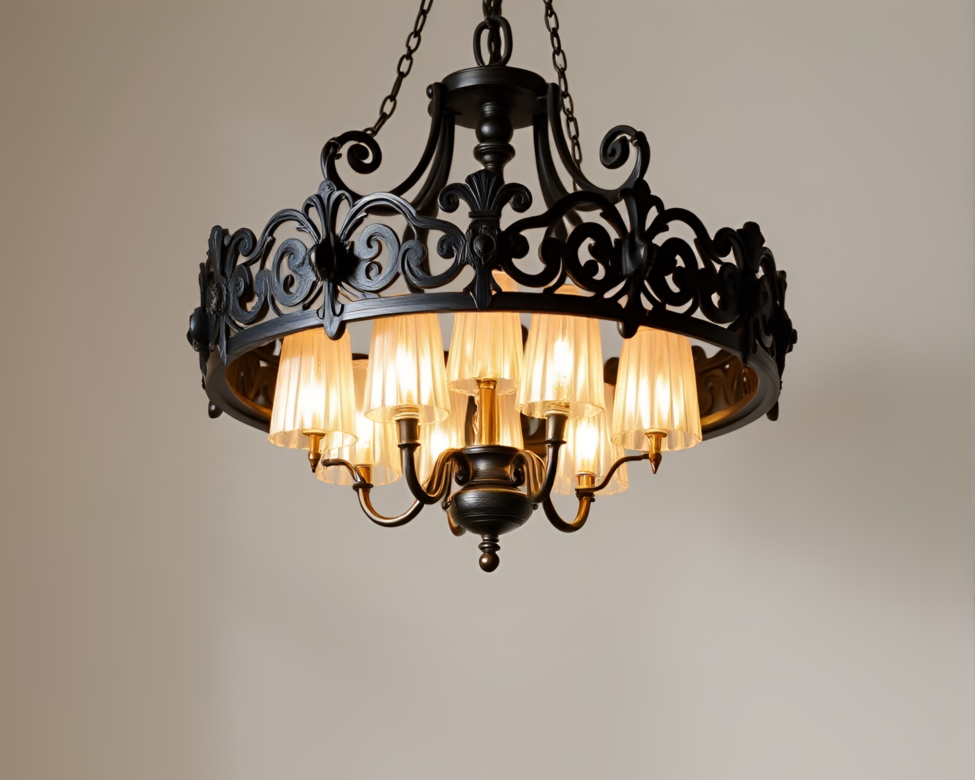 Bronze Patina Chandelier Casting Cliffside Shadows – free AI stock image