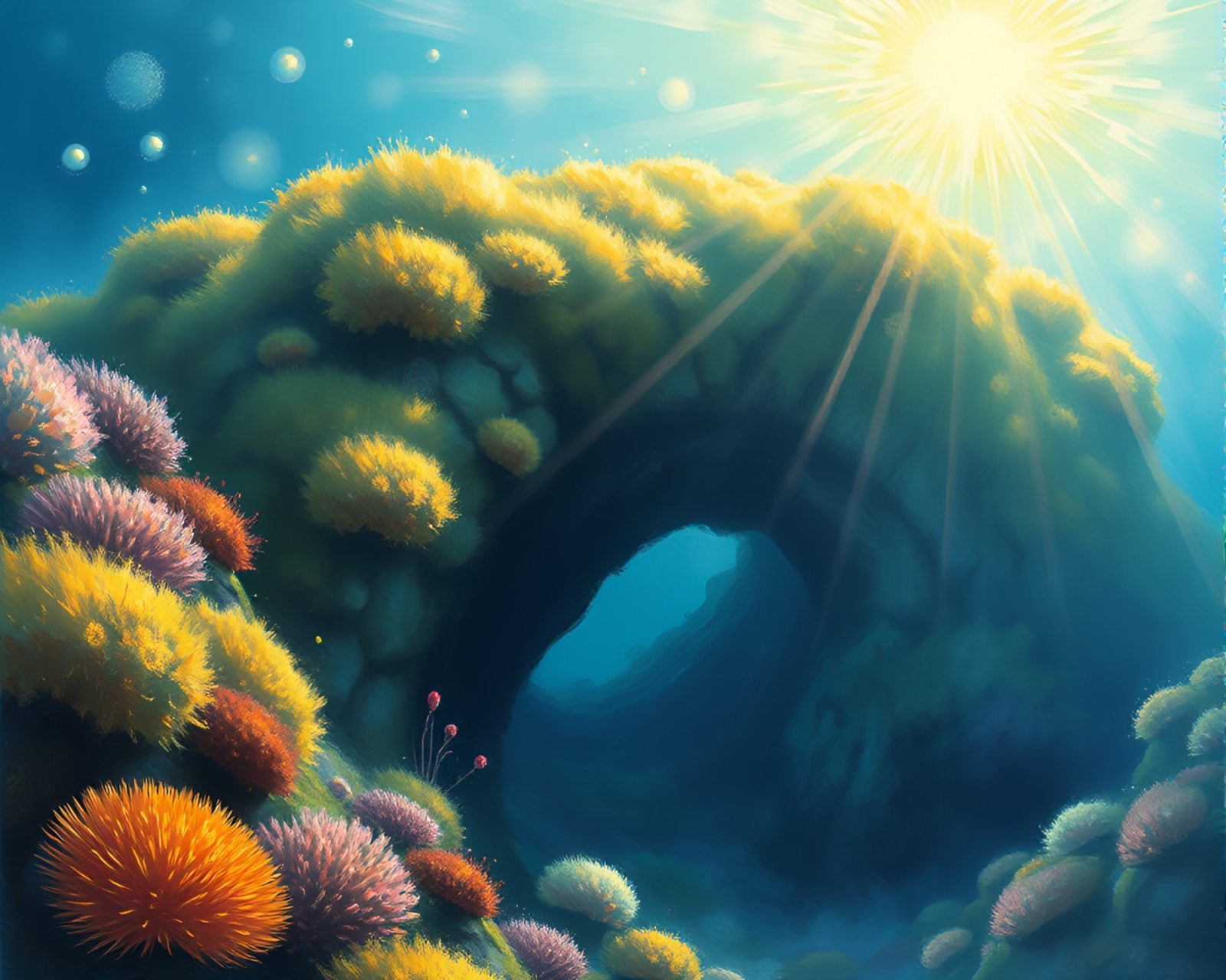 Pastel drawing of vibrant moss on underwater reef