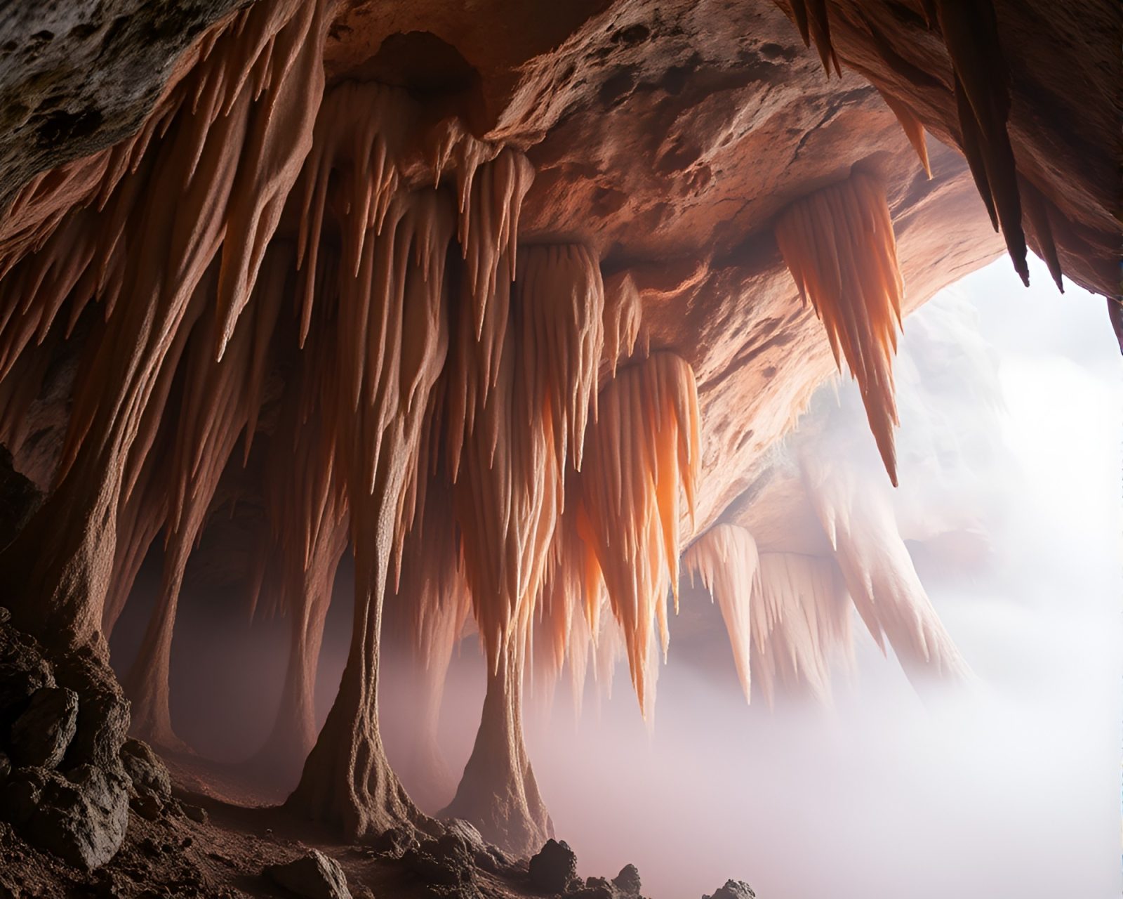 Colorful mist enveloping glowing cave formations
