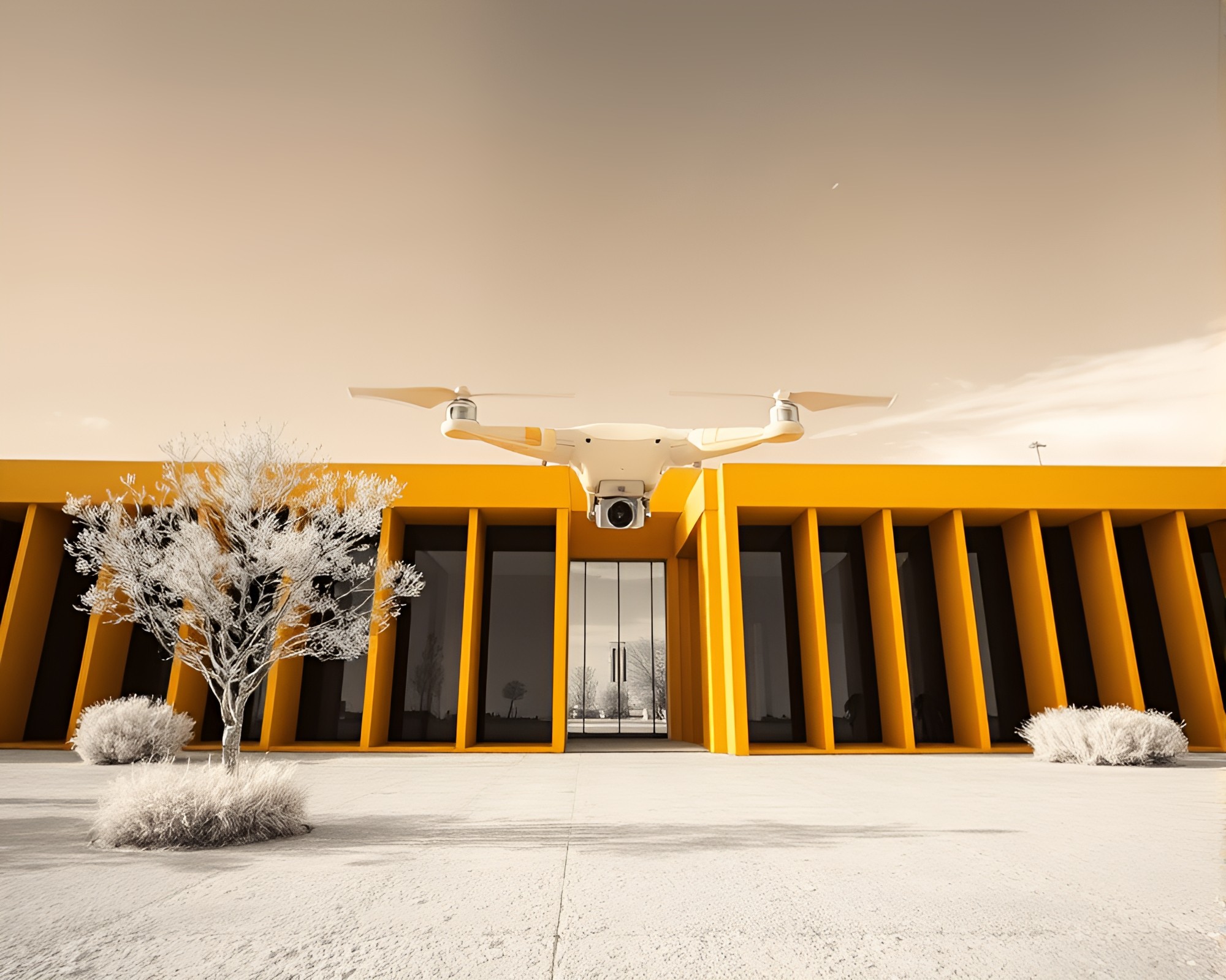 Surreal Infrared Cityscape Through Architectural Frame – free AI stock image
